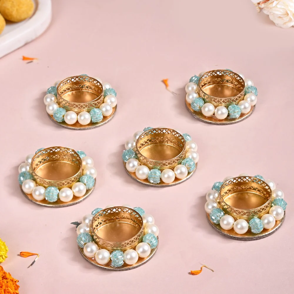 Set Of 6 Metal Tea Light Holders With Faux Pearls - Image 8