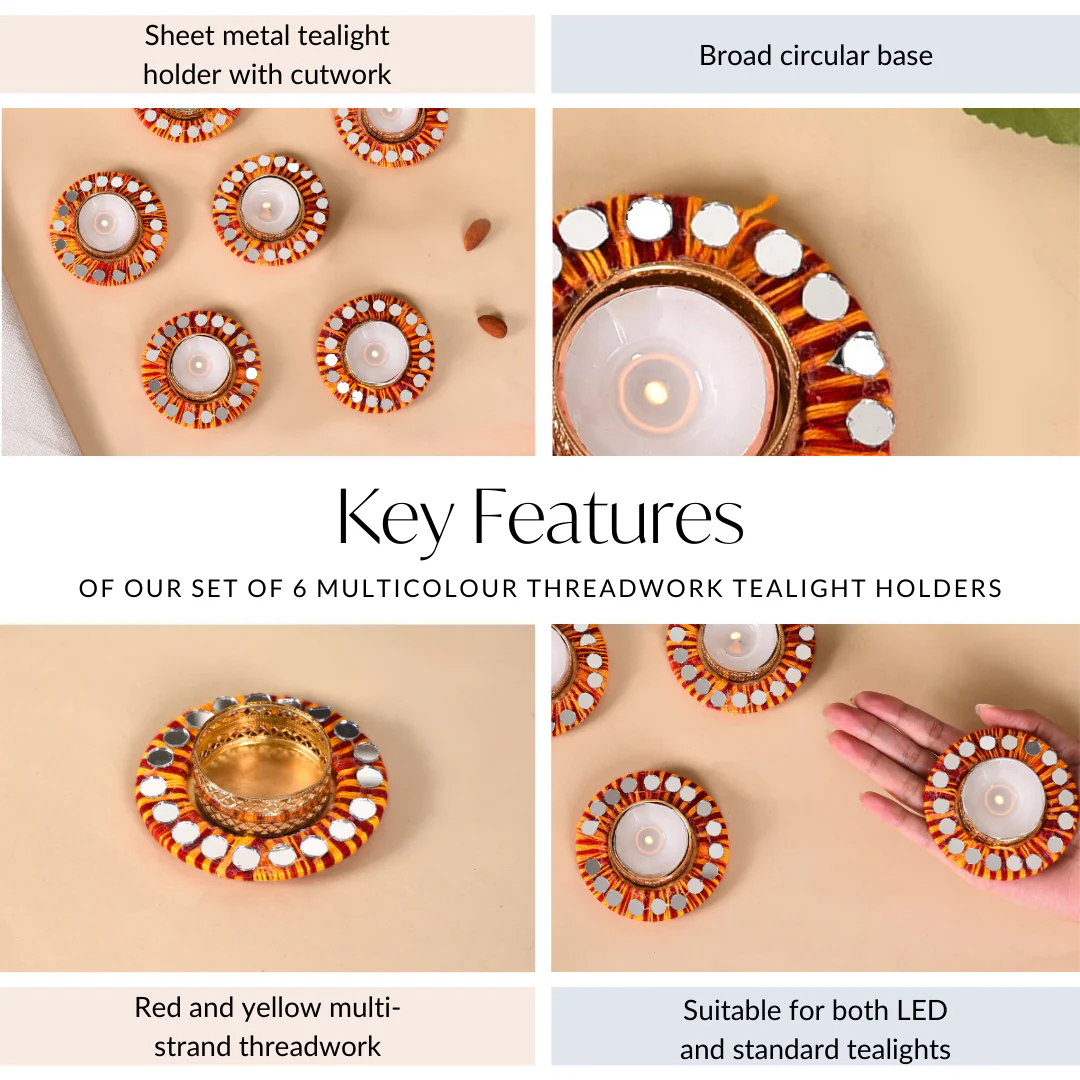 Set Of 6 Multicolour Threadwork Tealight Holders With Mirrorwork - Image 5