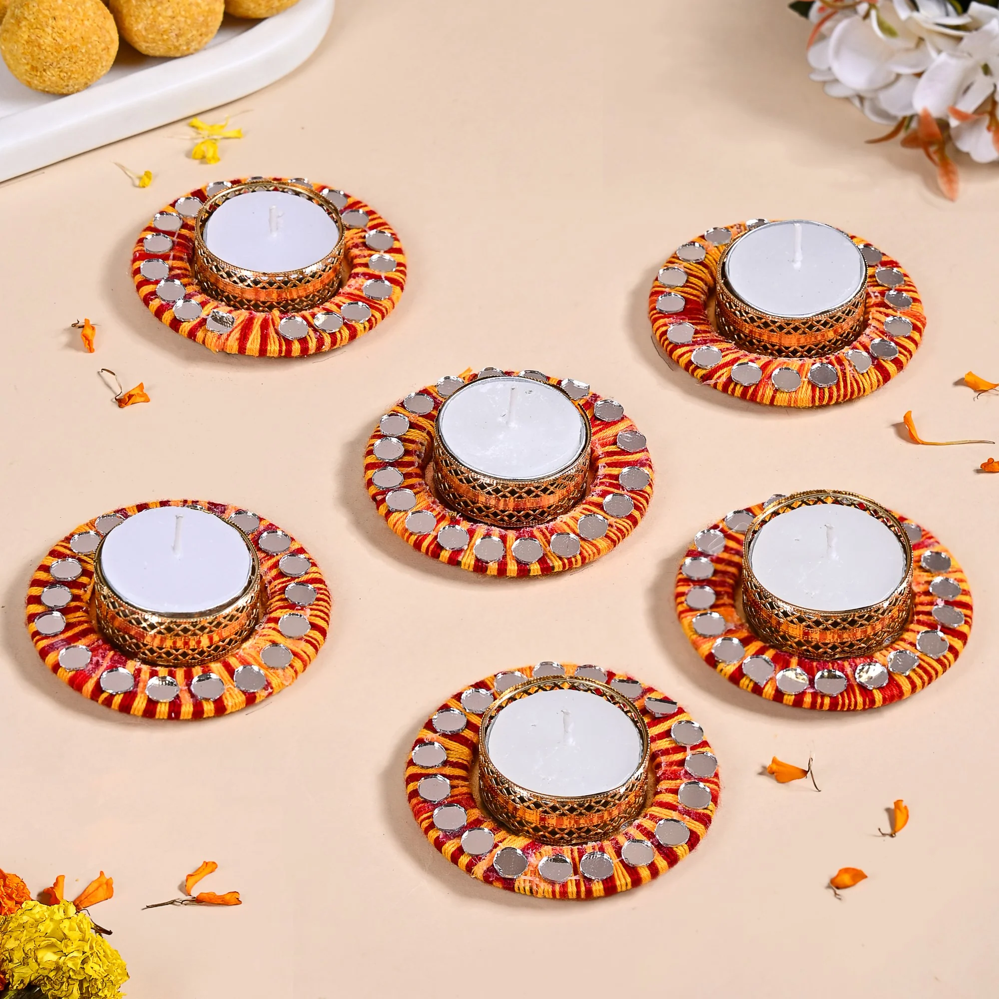 Set Of 6 Multicolour Threadwork Tealight Holders With Mirrorwork - Image 6