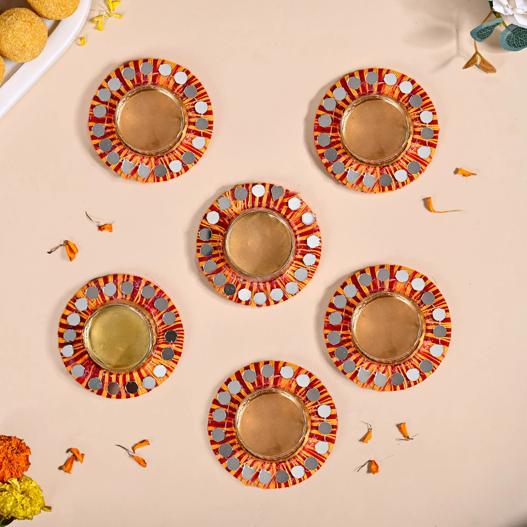 Set Of 6 Multicolour Threadwork Tealight Holders With Mirrorwork - Image 7