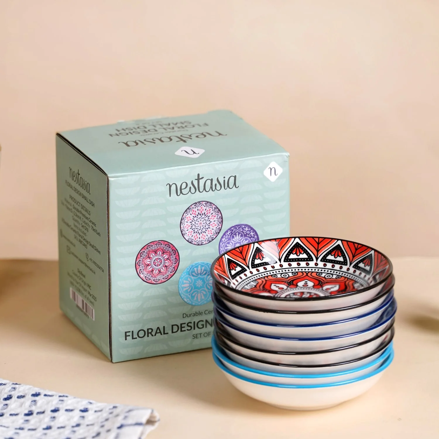 Set Of 8 Floral Mandala Small Ceramic Bowls 70ml - Image 11