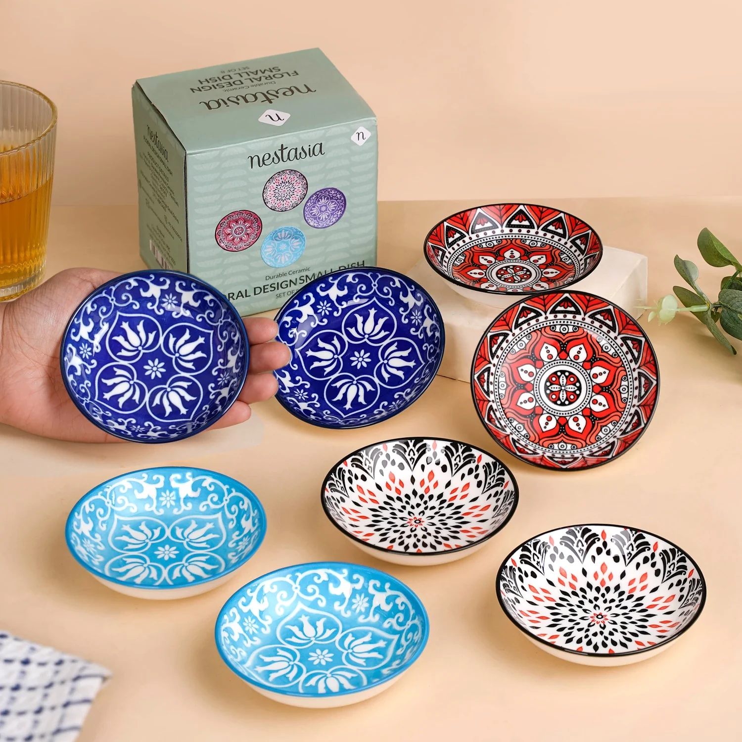 Set Of 8 Floral Mandala Small Ceramic Bowls 70ml - Image 2