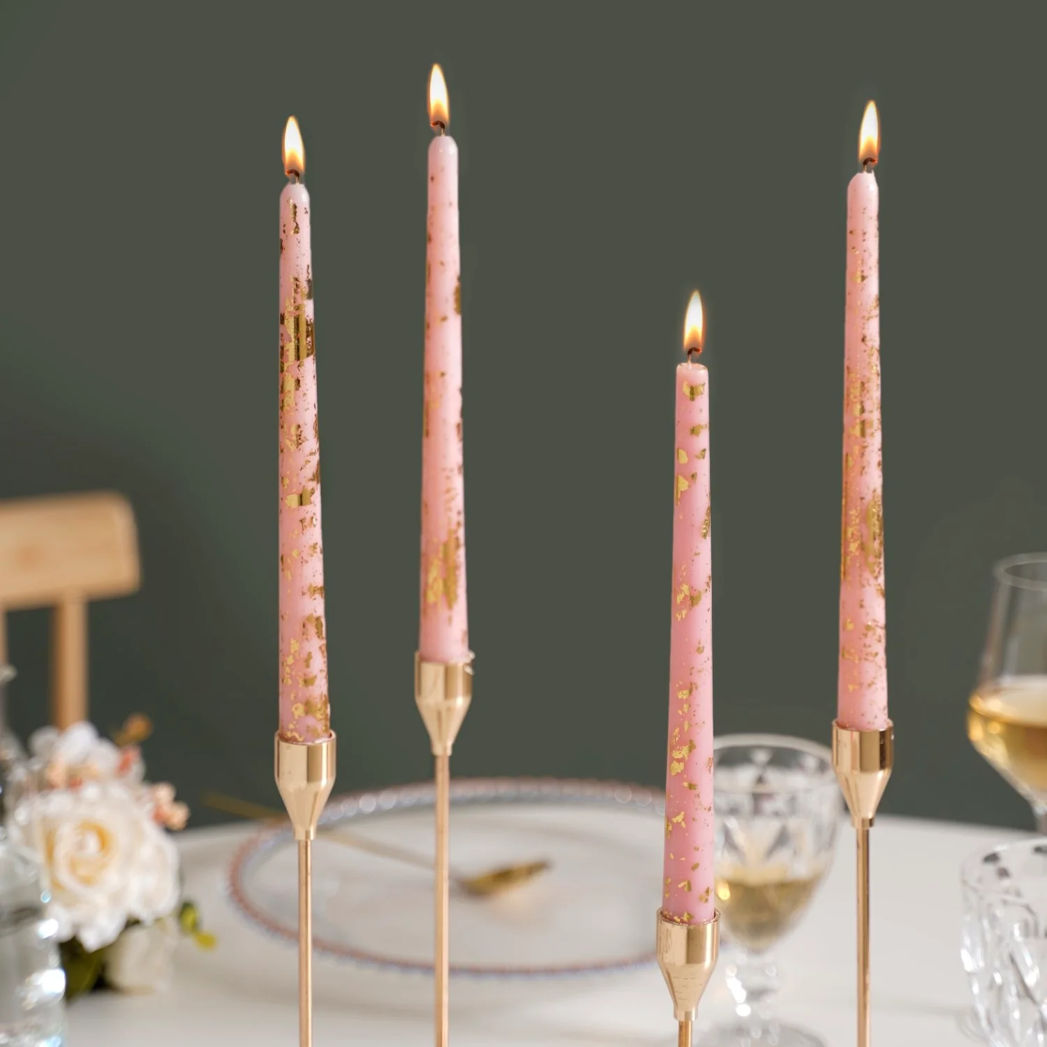 Set Of 8 Gold Glam Pink Taper Candles - Image 2