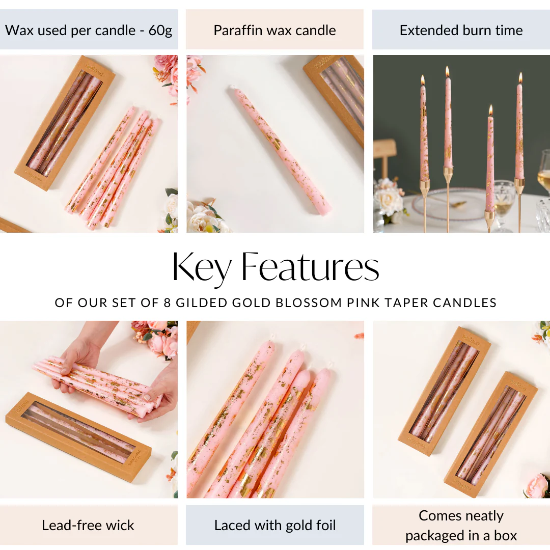 Set Of 8 Gold Glam Pink Taper Candles - Image 5