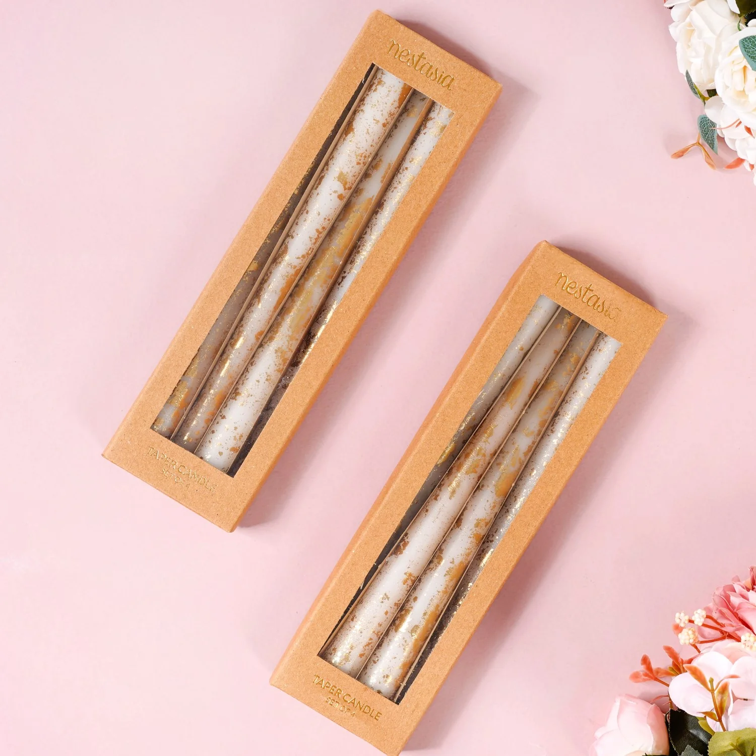 Set Of 8 Taper Candles With Gold Foil White - Image 6