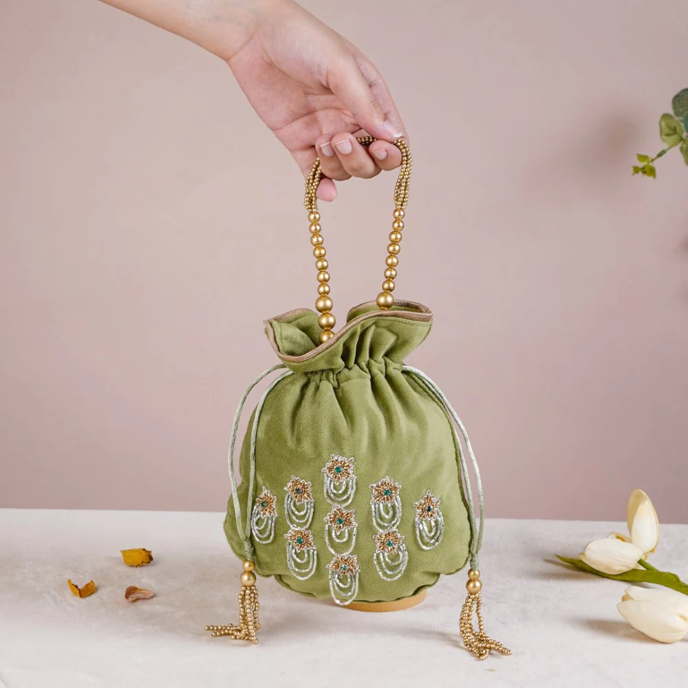 Shikara Orchids Velvet Potli Bag Smoky Green - Image 2
