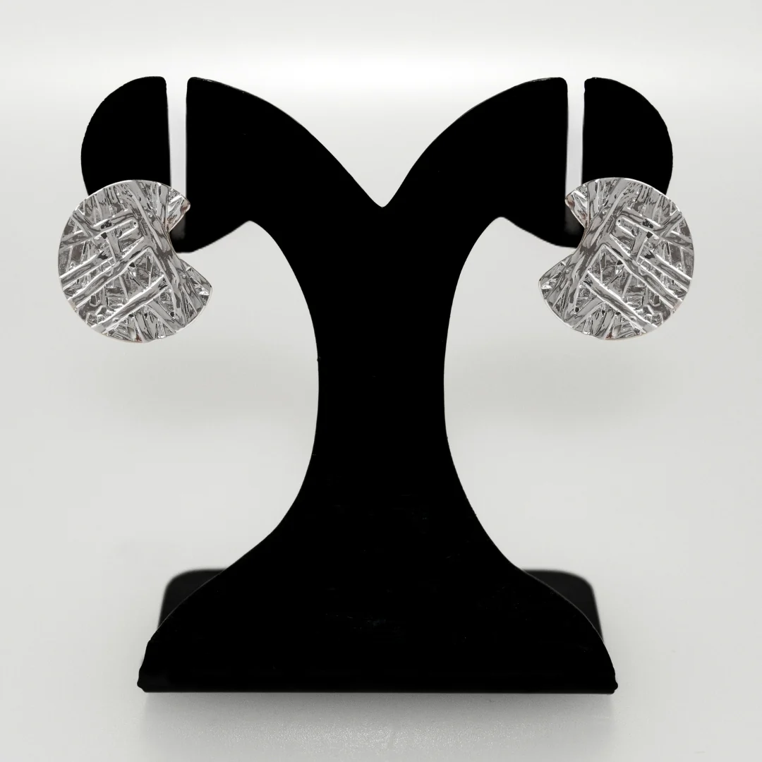 Silver Abstract Textured Round Statement Earrings - Image 6