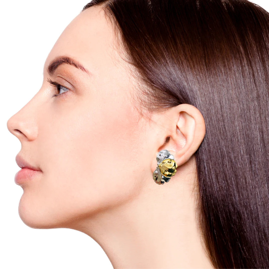 Silver And Gold Iris Flower Earrings - Image 5