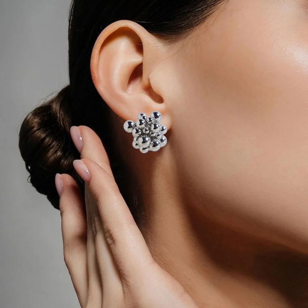 Silver Bold Beaded Cluster Earrings - Image 2