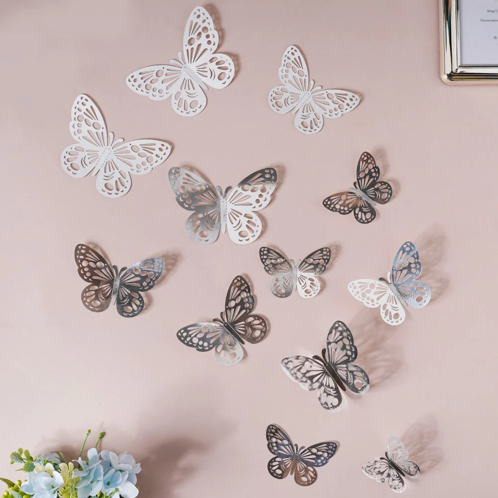 Silver Butterfly 3D Wall Stickers Set Of 12