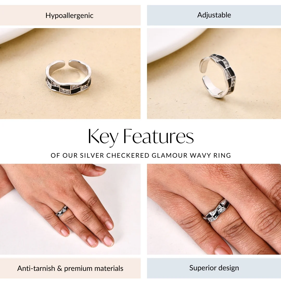 Silver Checkered Glamour Wavy Ring - Image 4