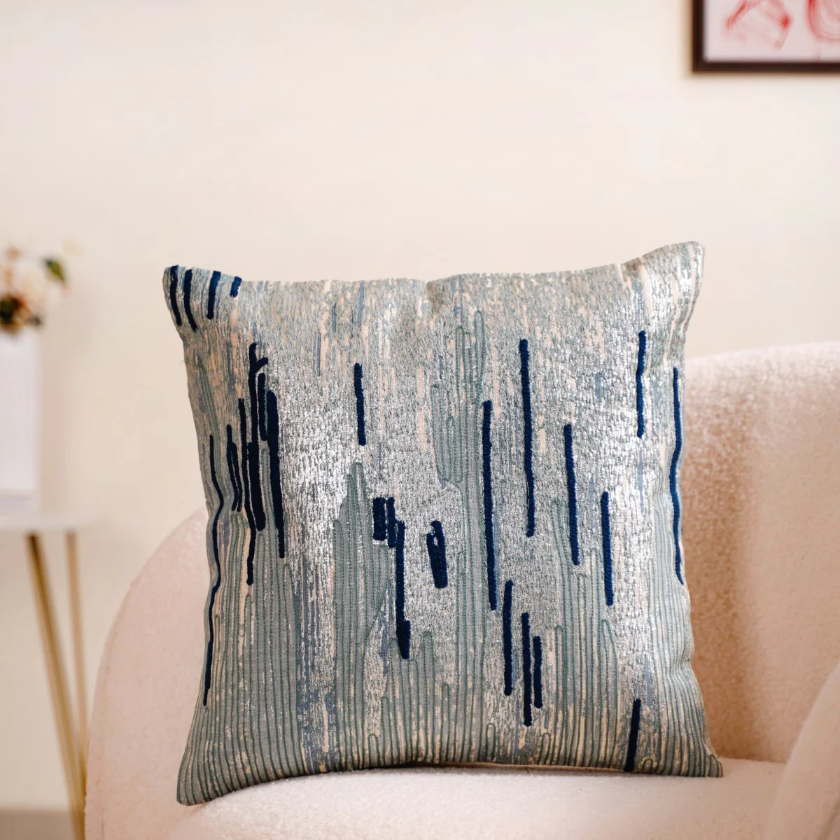 Silver Foil Abstract Embroidered Cushion Cover 16x16 Inch - Image 3