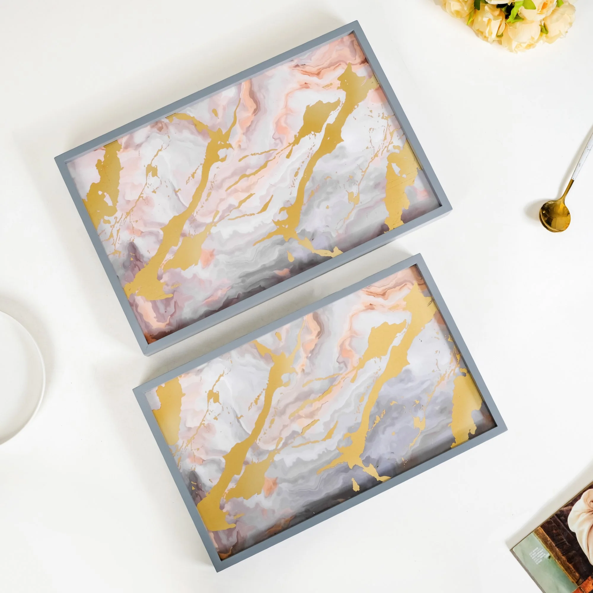 Sky Art Tray Set Of 2 With Matte Gold Foil - Image 6