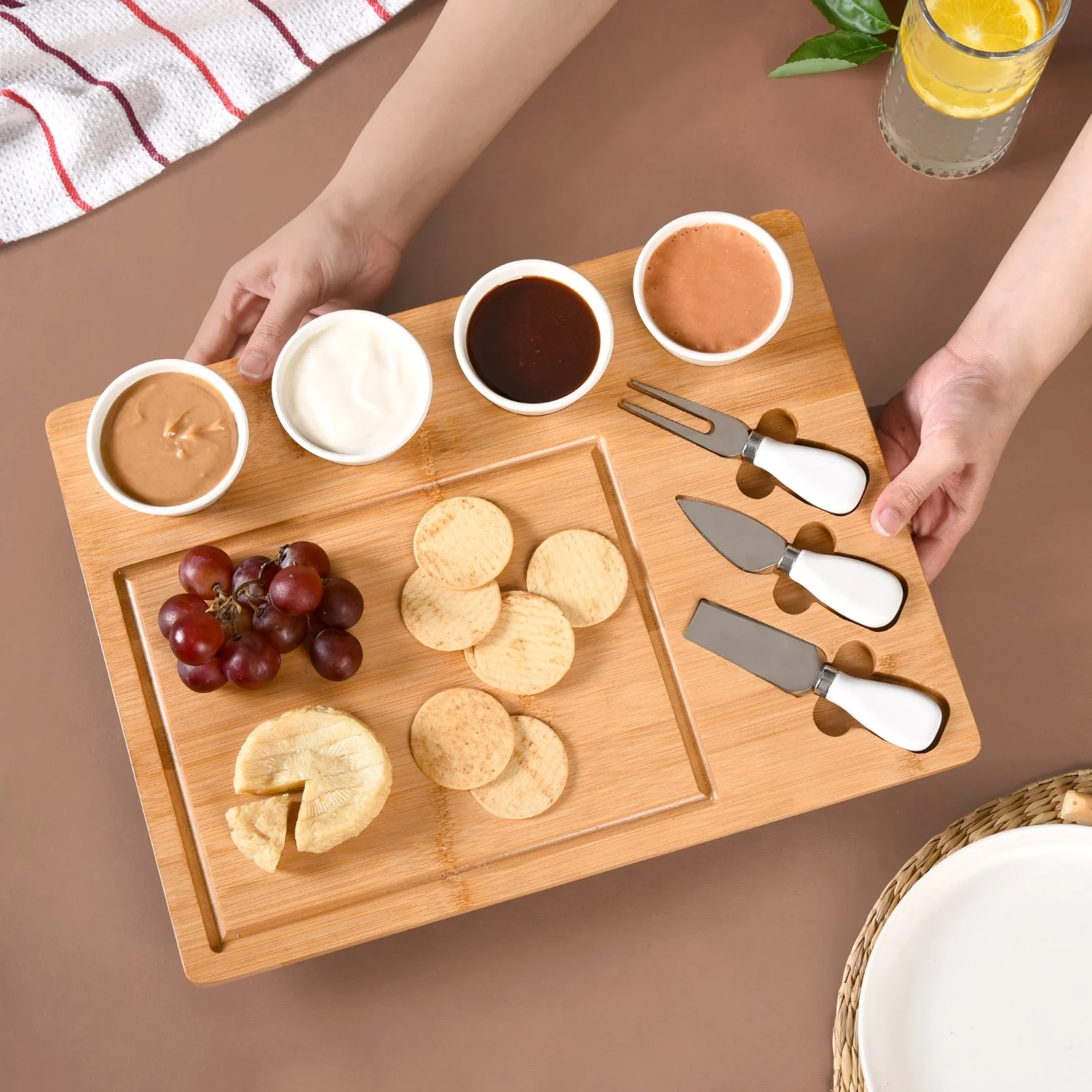 Sleek Wooden Snacks Platter Set With Dip Bowls And Cheese Knives - Image 3