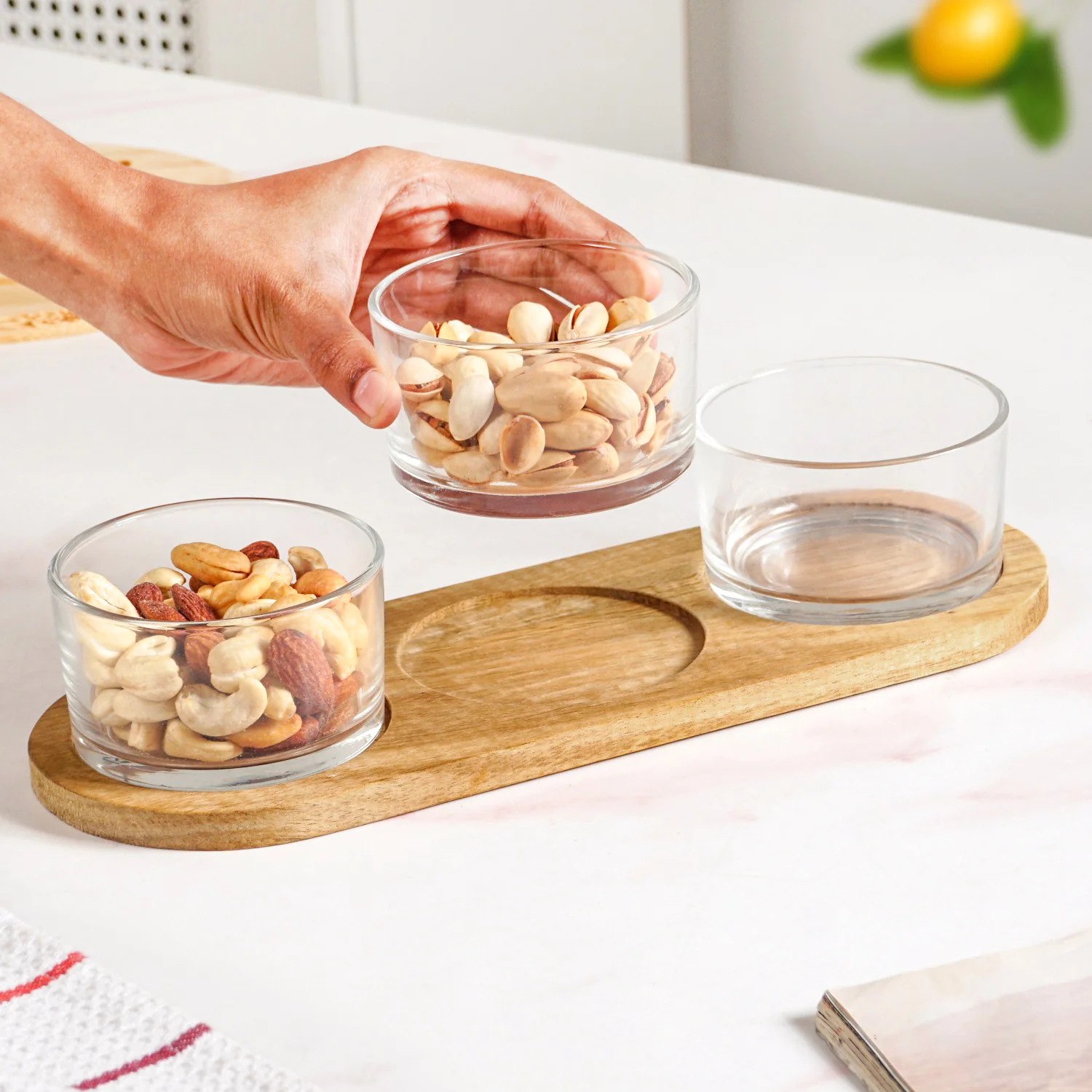 Snack Bowls Set Of 3 With Acacia Wood Tray - Image 2