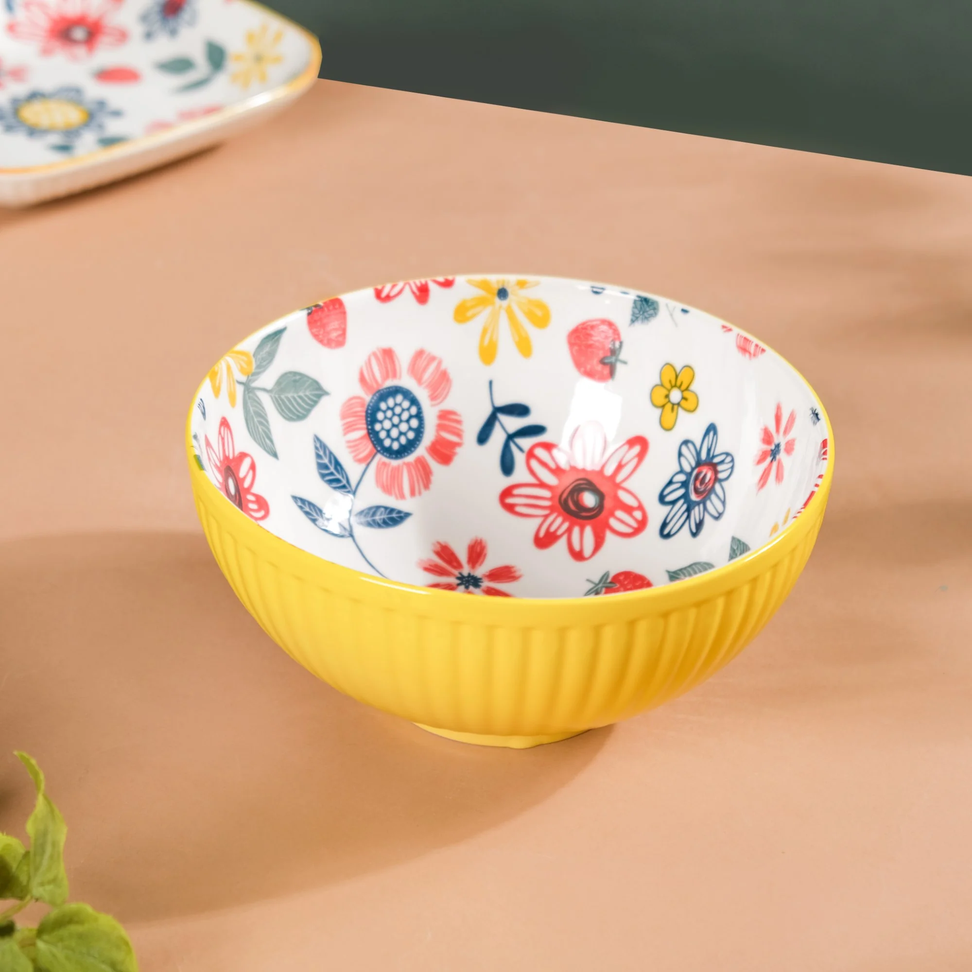 Spring Floral Ceramic Ribbed Serving Bowl 8 Inch