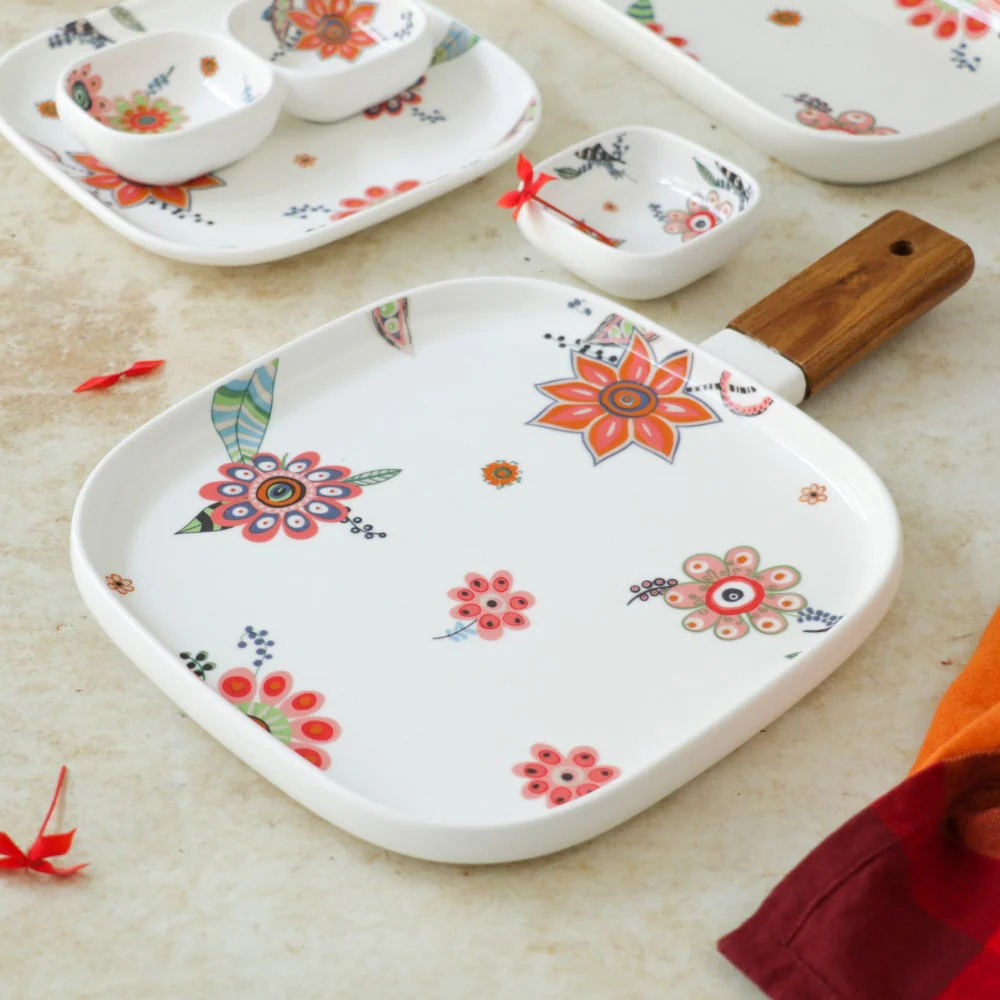 Square Floral Plate with Handle - Image 4