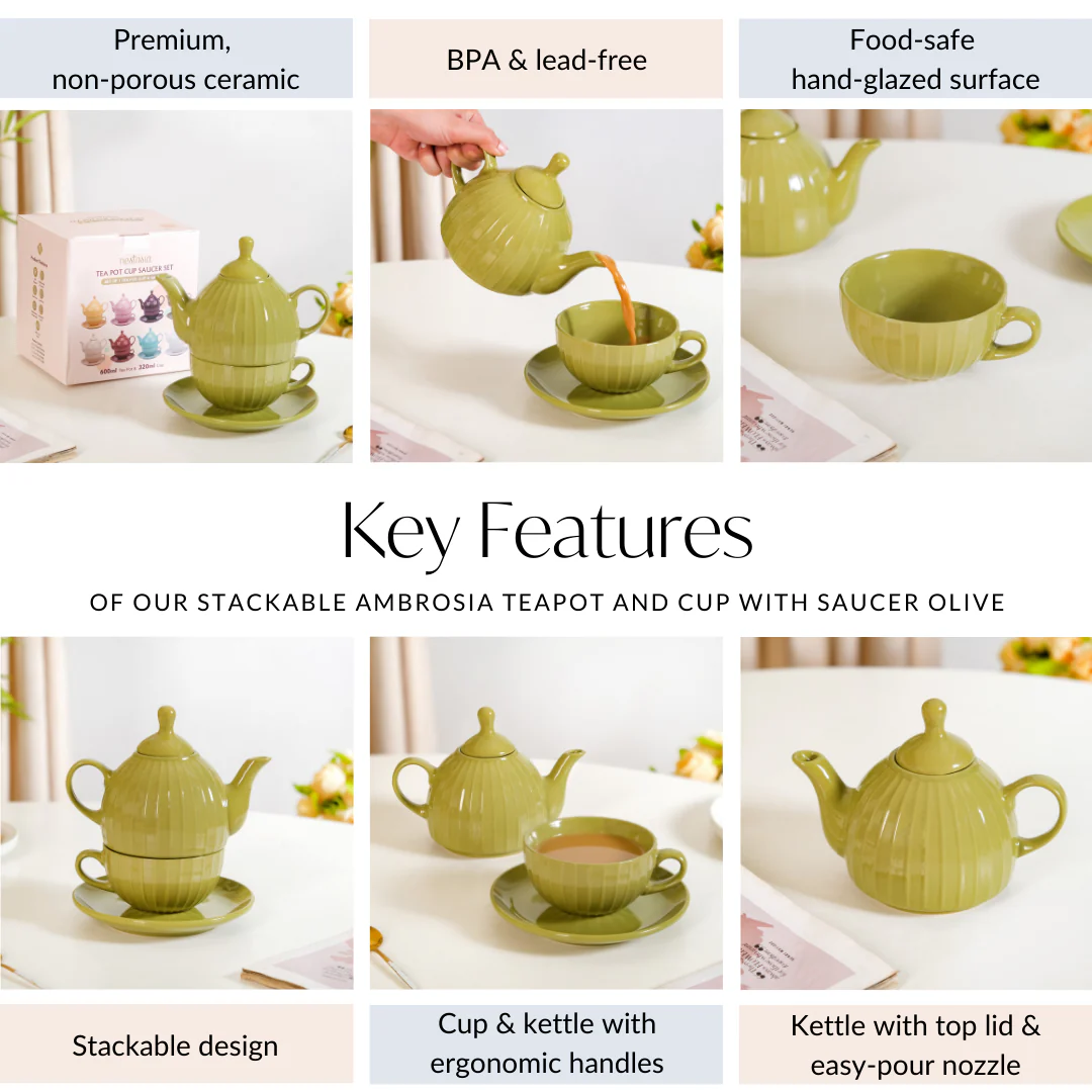 Stackable Ambrosia Teapot And Cup With Saucer Olive Green - Image 6