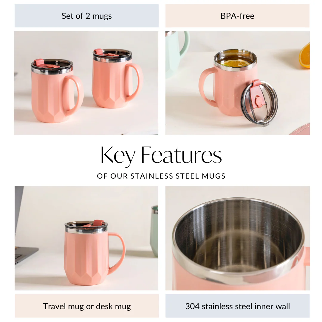 Stainless Steel Mug With Lid Set Of 2 Pink 400ml - Image 6