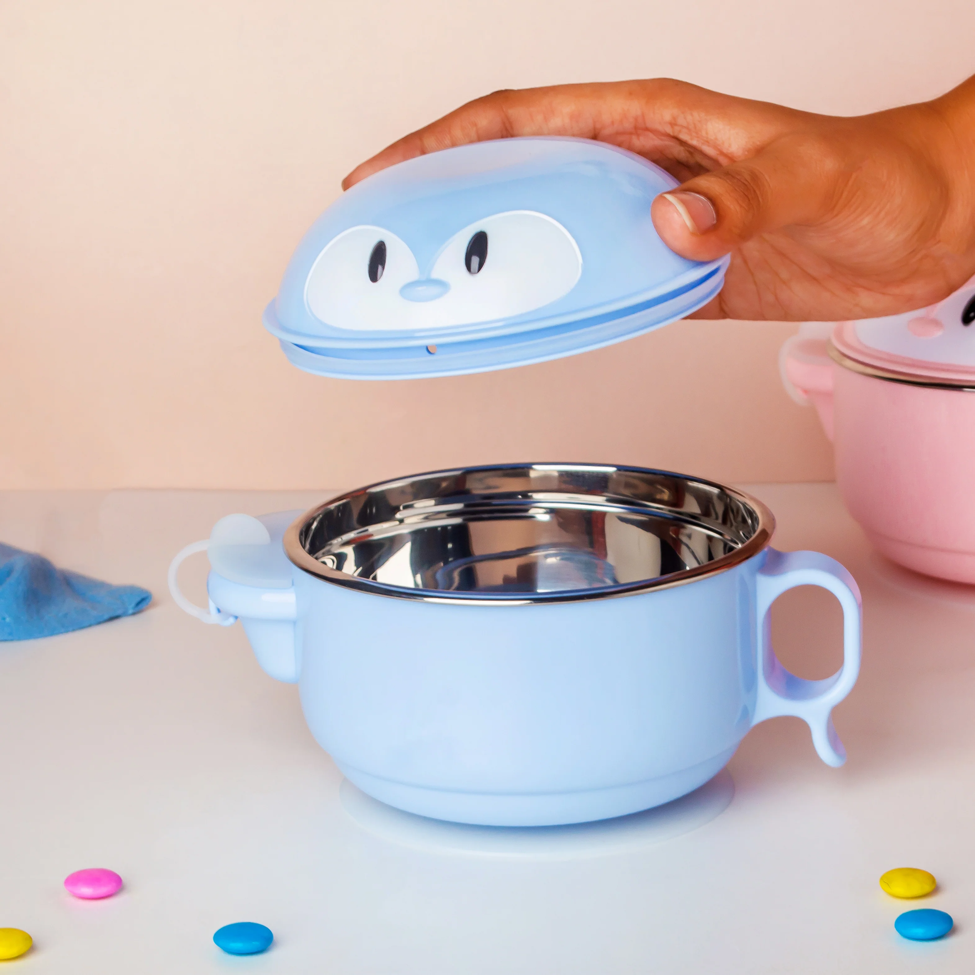 Steel Food Bowl With Heating Water Chamber Blue 400 ml - Image 2
