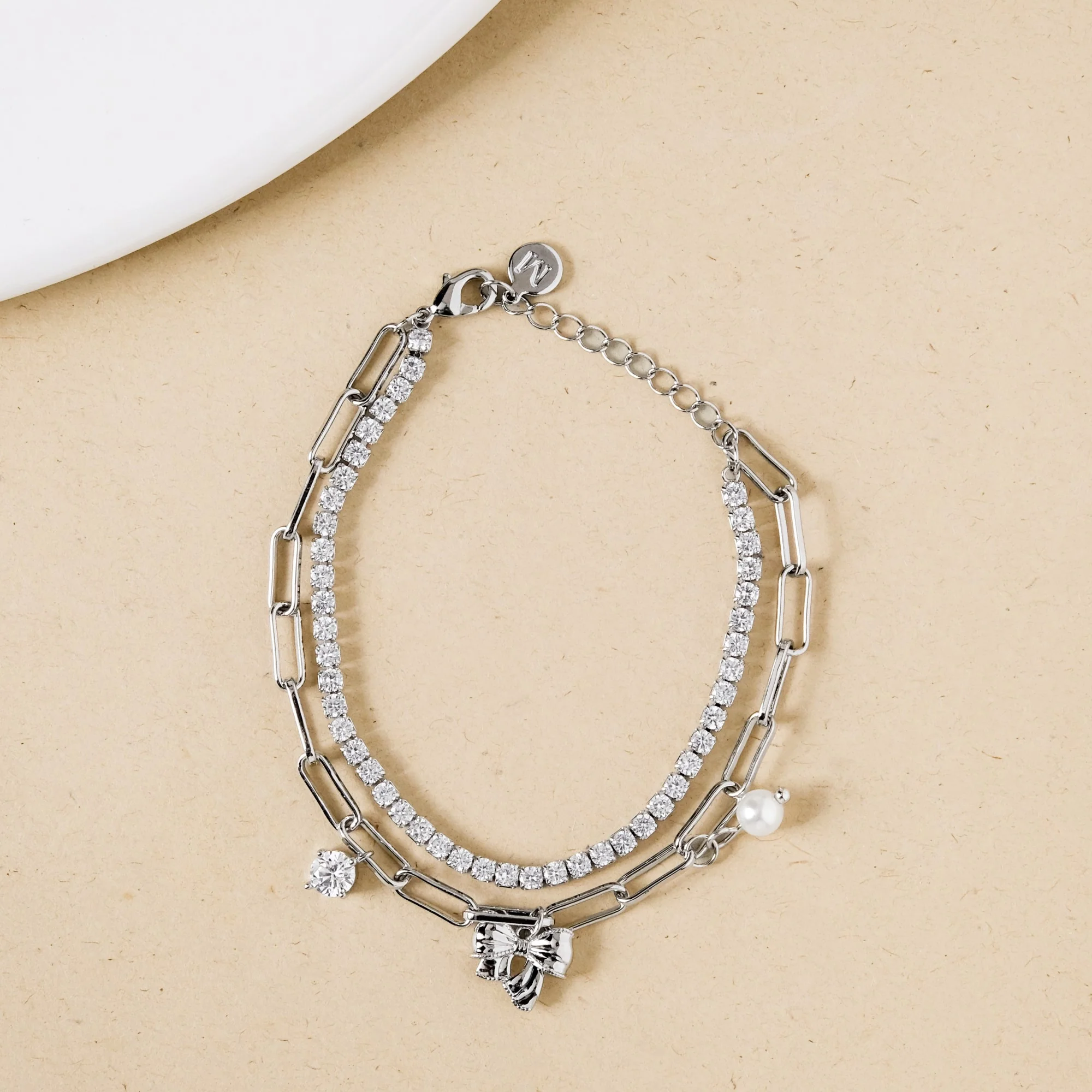 Stone Studded Silver Bow Charm Bracelet