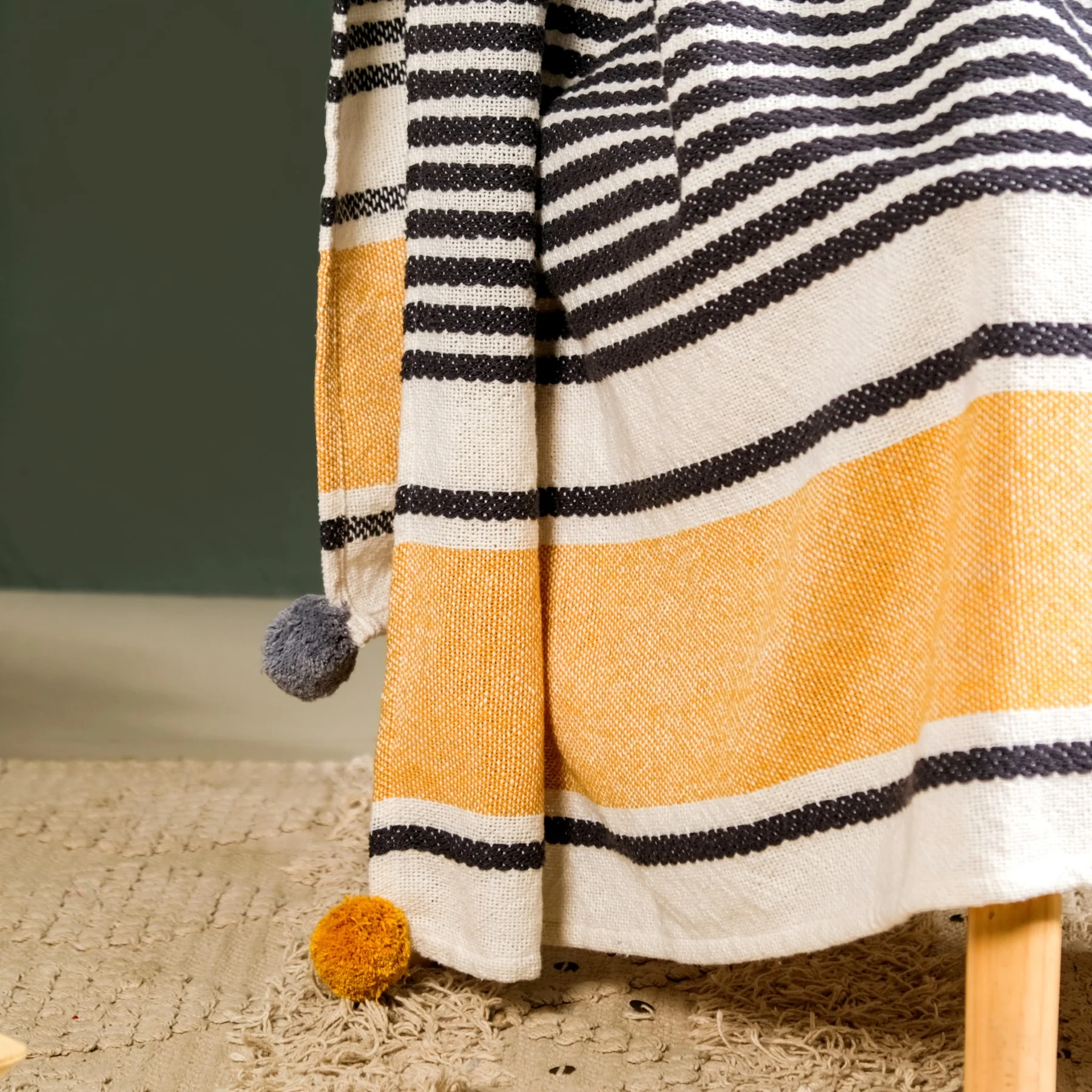 Stripe Story Minimalist Pure Cotton Throw With Boho Balls - Image 6