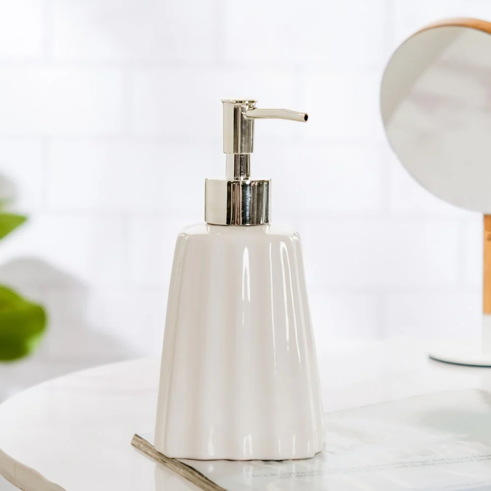 Striped Ceramic Soap Dispenser White 7 Inch - Image 5