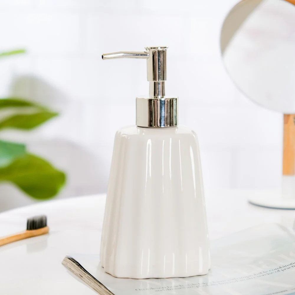 Striped Ceramic Soap Dispenser White 7 Inch - Image 6