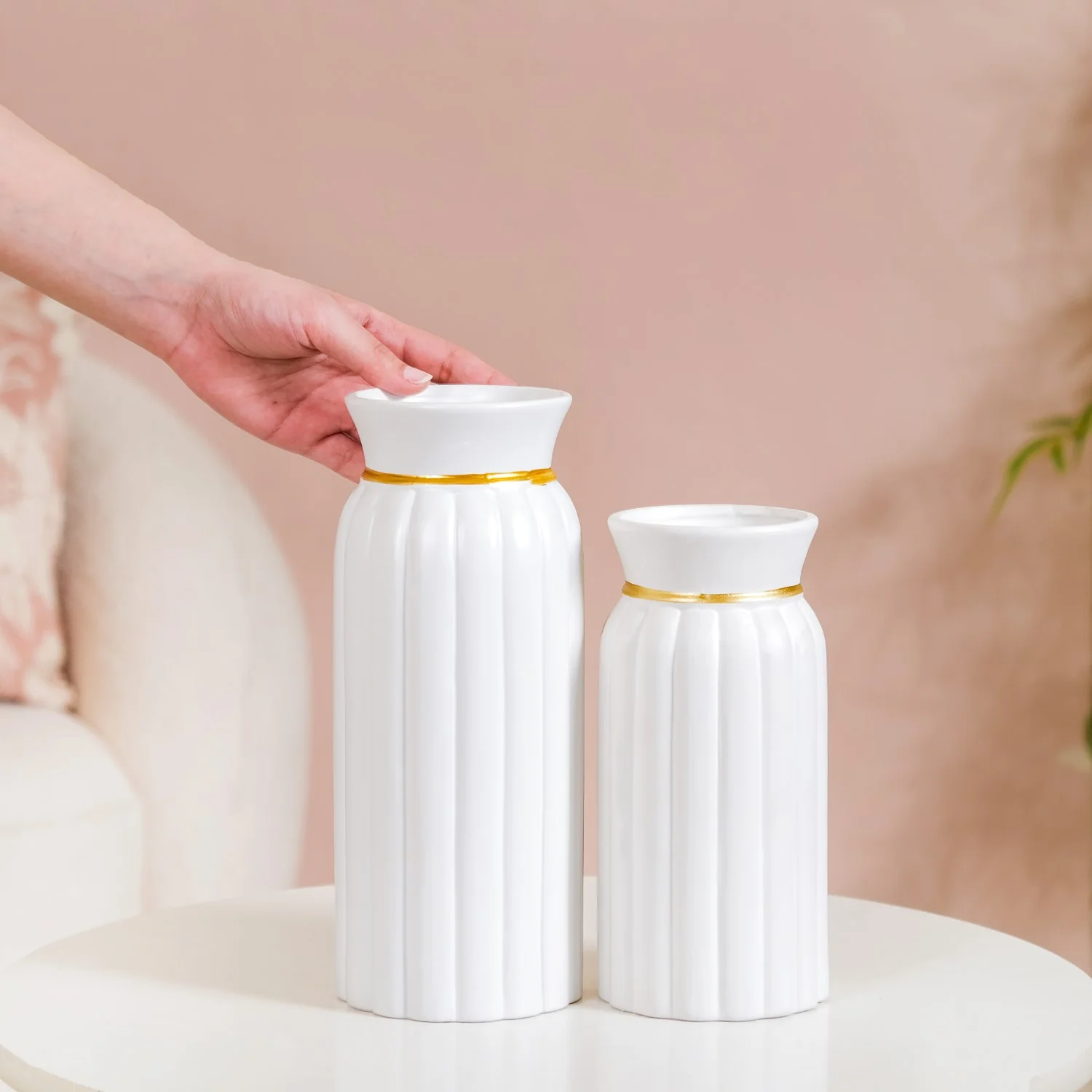 Tall Classic Ceramic Vase Set Of 2 White - Image 2