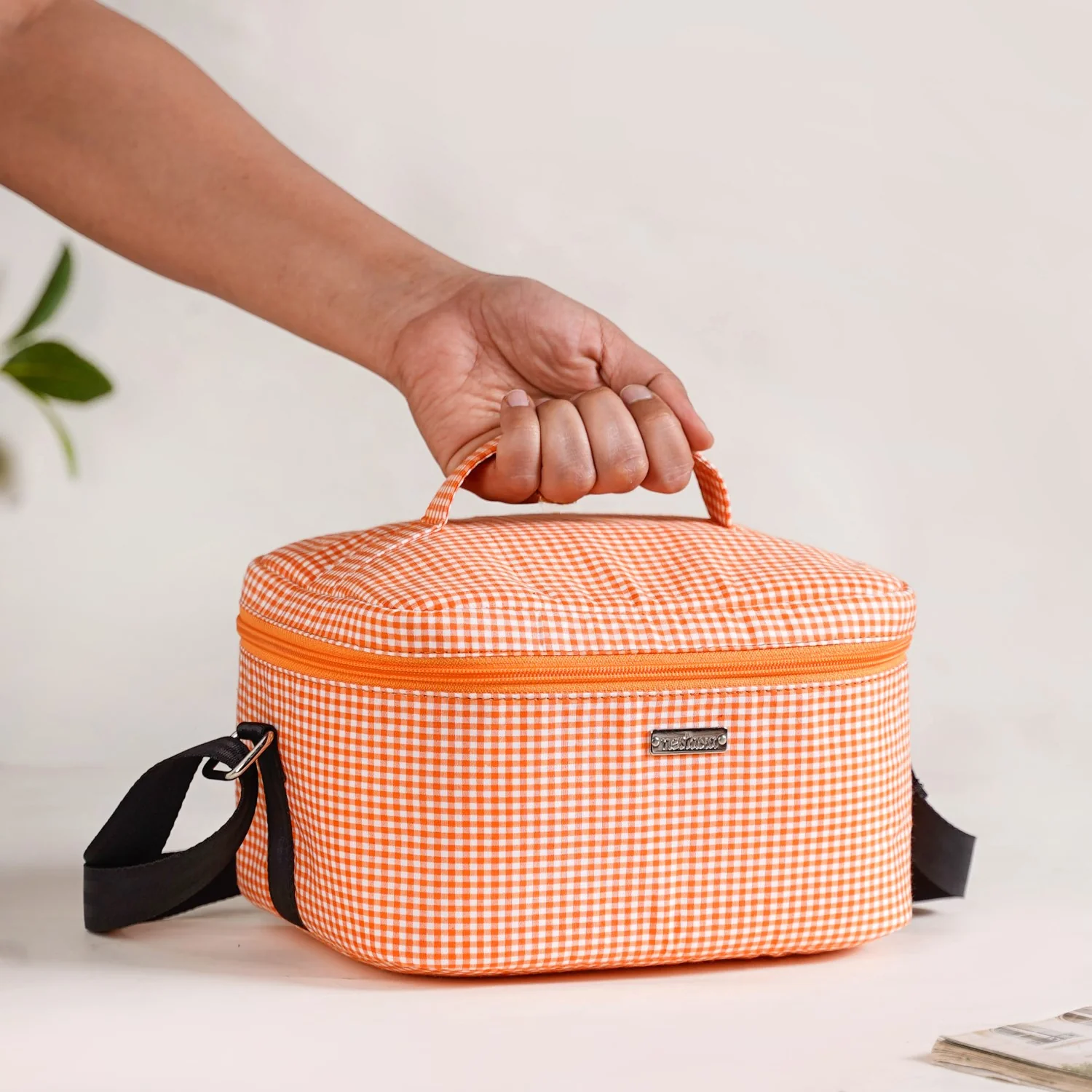 Tangerine Checkered Insulated Lunch Bag - Image 2