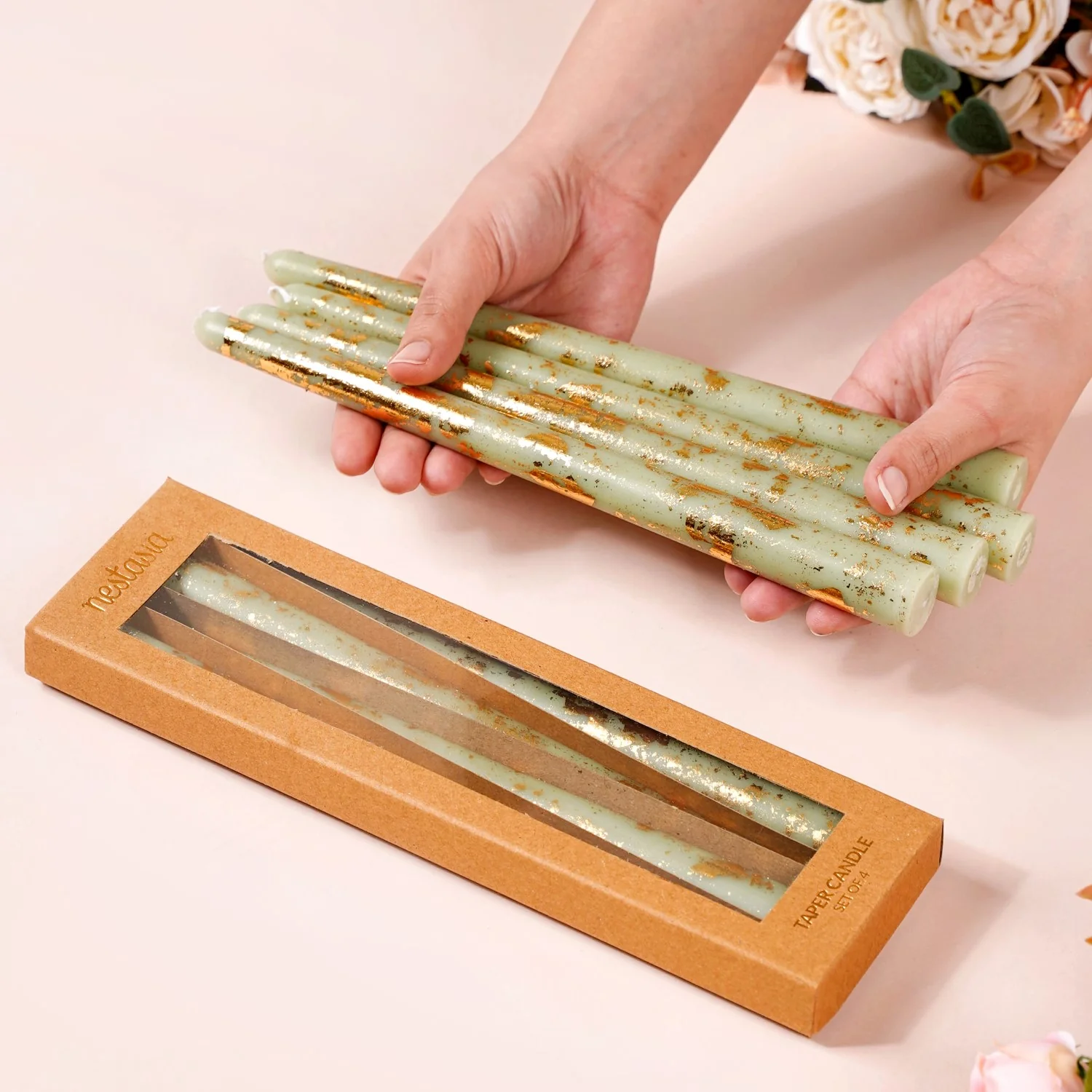 Taper Candles Sage Green With Gold Leaf Design Set Of 8 - Image 3