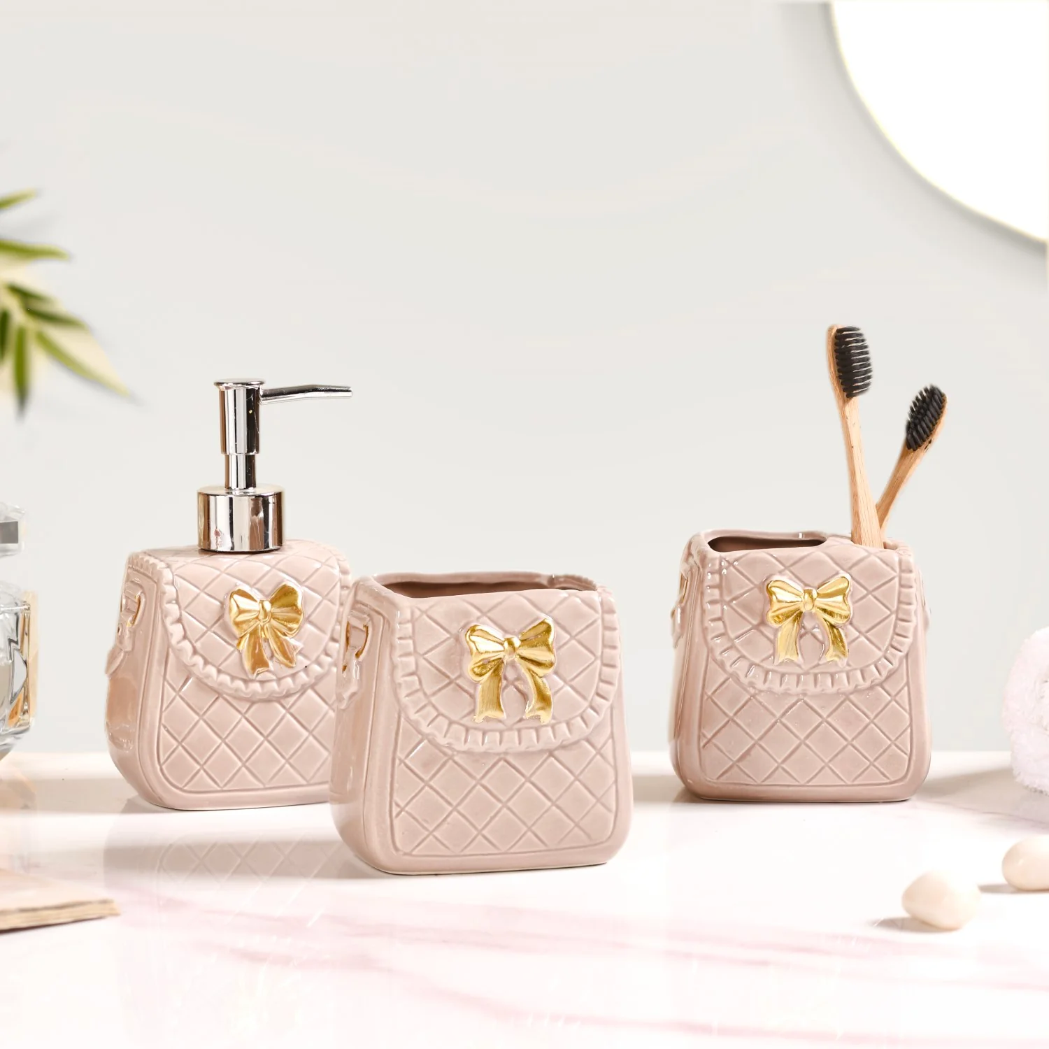 Taupe Gold Bow Accented Bath Accessories Set Of 3