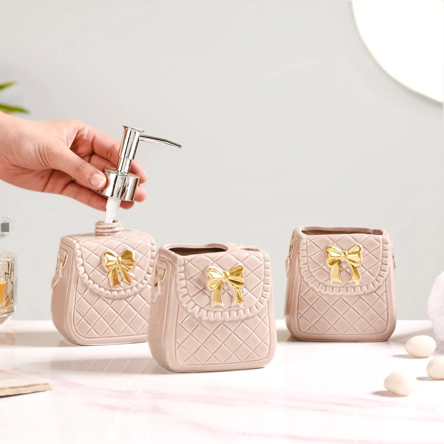 Taupe Gold Bow Accented Bath Accessories Set Of 3 - Image 3