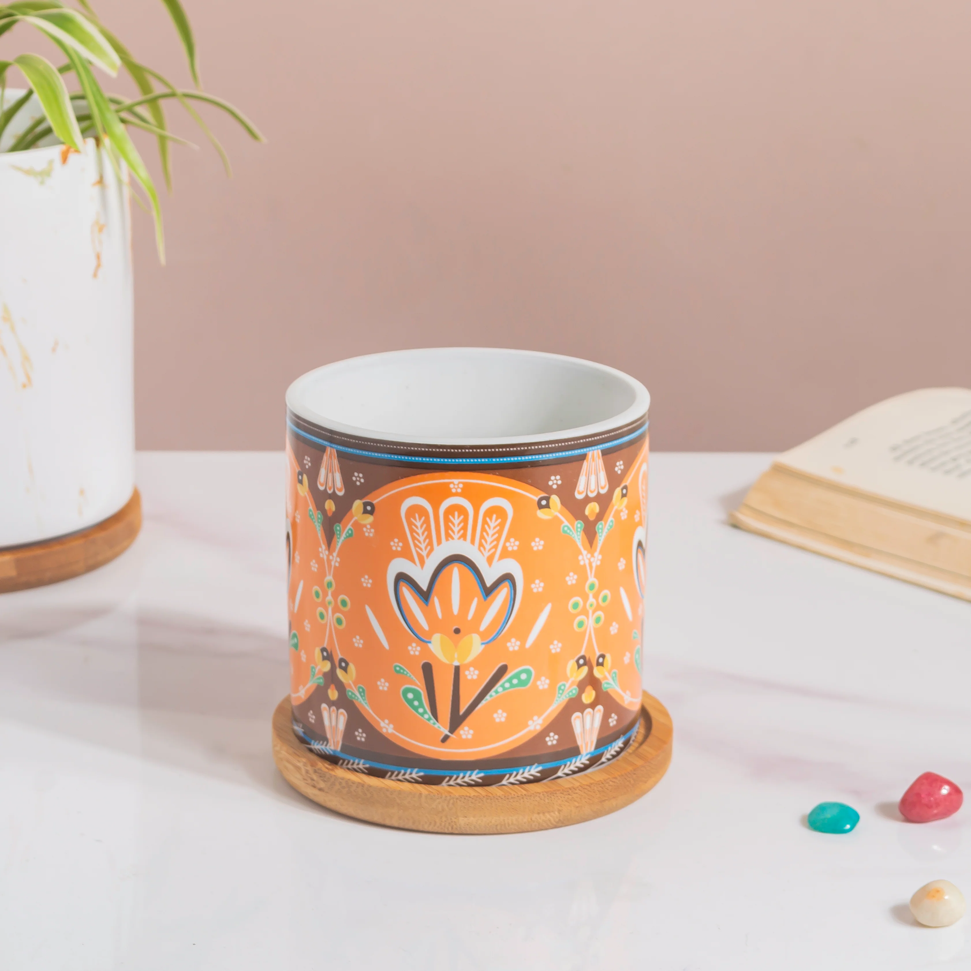Tawny Tango Bloom Fiesta Botanical Planter With Wooden Coaster - Image 4