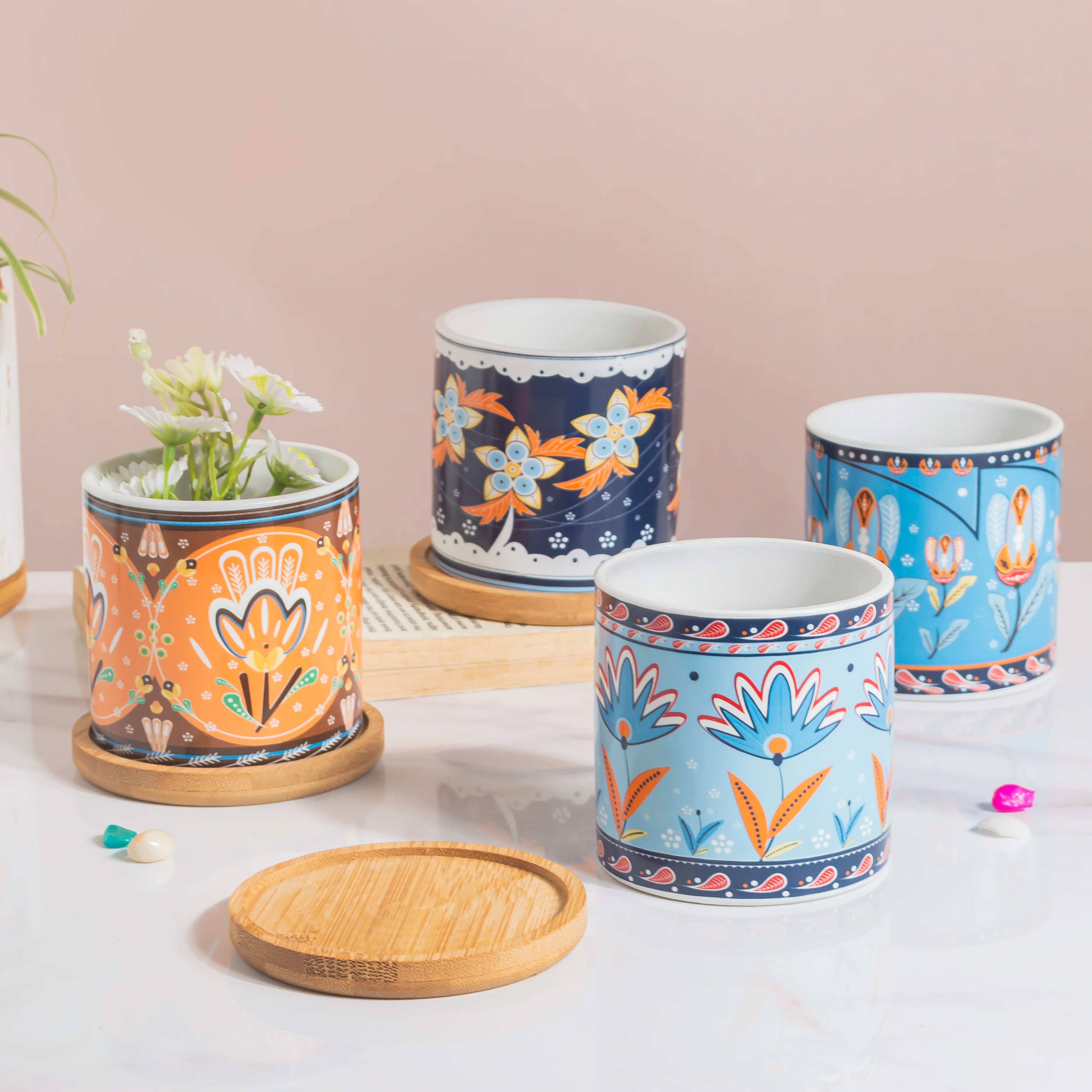 Tawny Tango Bloom Fiesta Botanical Planter With Wooden Coaster - Image 9