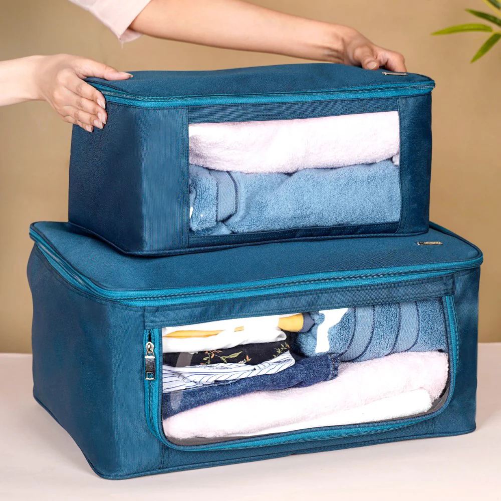 Teal Clothes Storage Bag With Zipper Set Of 2 - Image 3