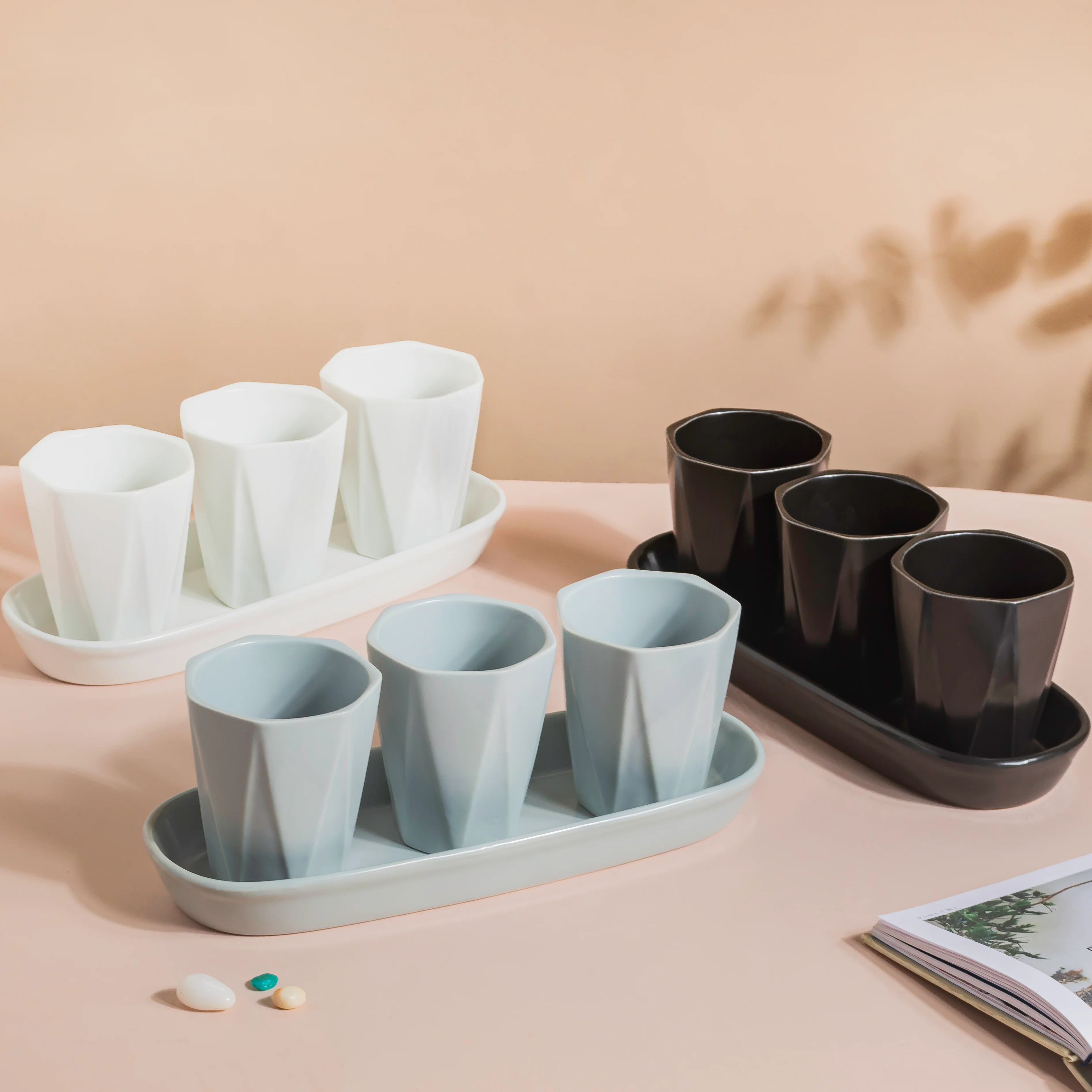 Ternion Textured Planter Set Of 3 With Plate White - Image 10