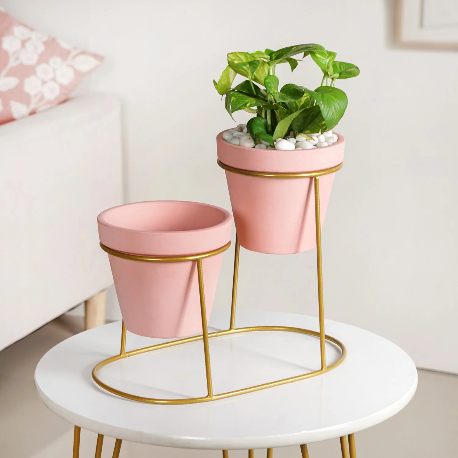 TerraDuo Decorative Planters With Two Tier Gold Stand Pink - Image 2