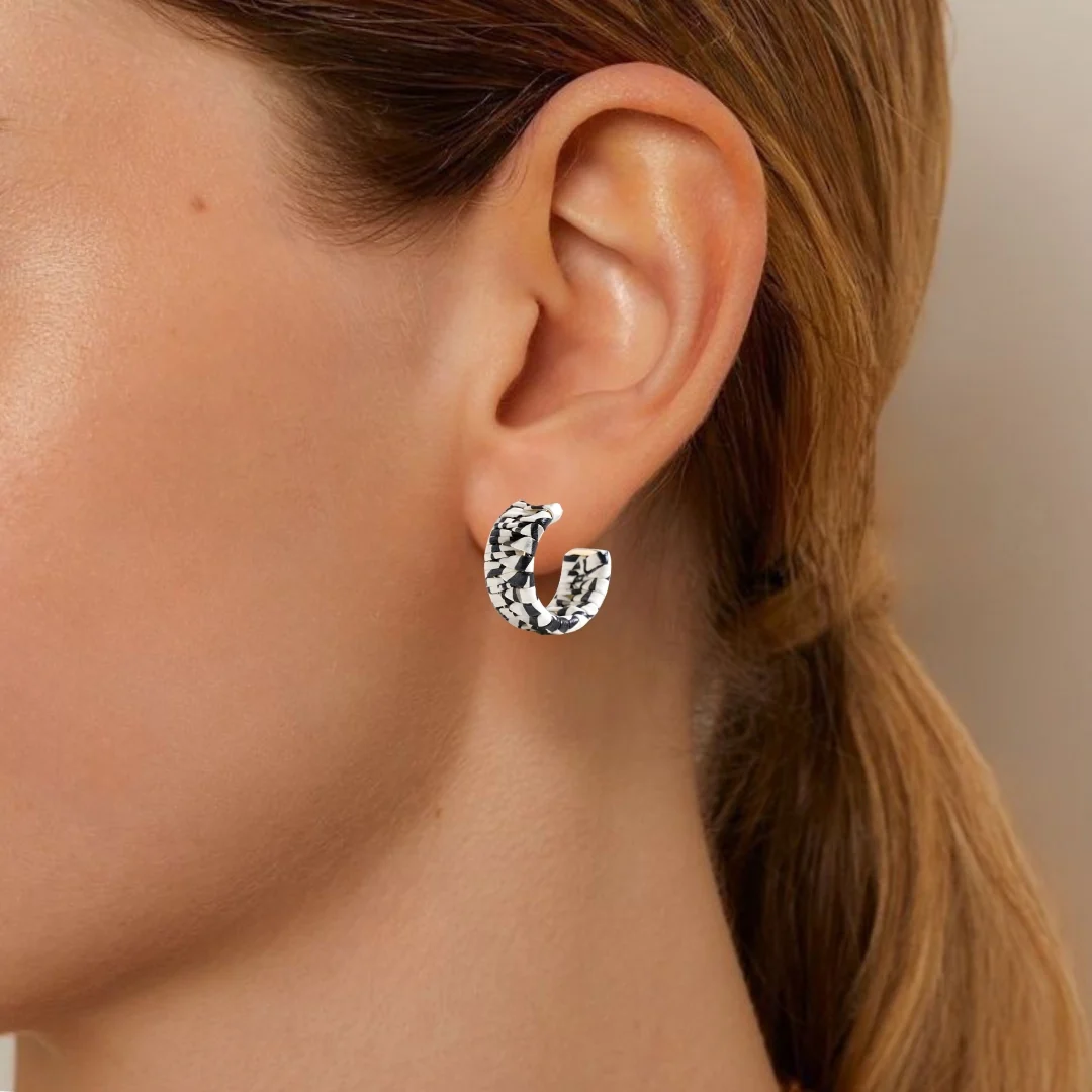 Textured Black And White J Hoop Earrings - Image 2