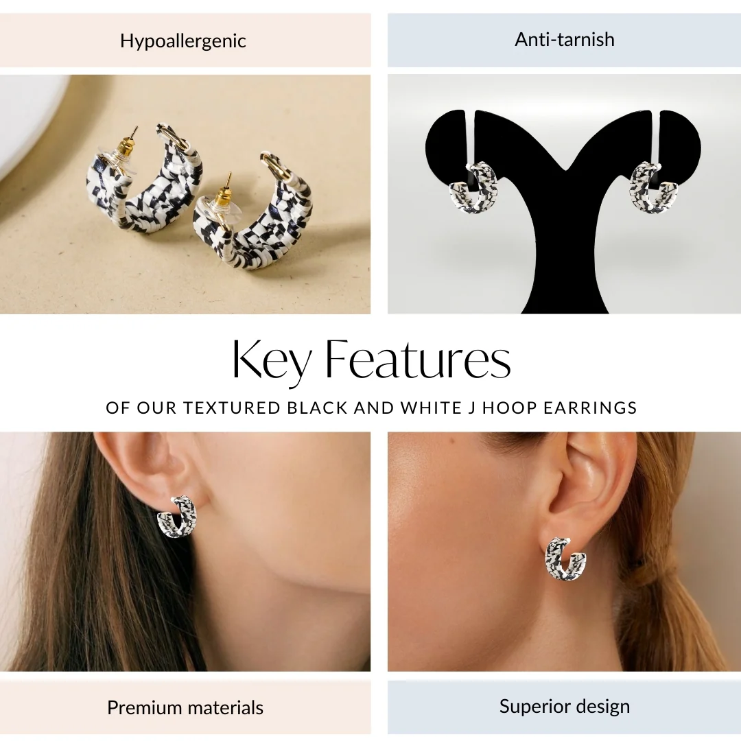 Textured Black And White J Hoop Earrings - Image 4