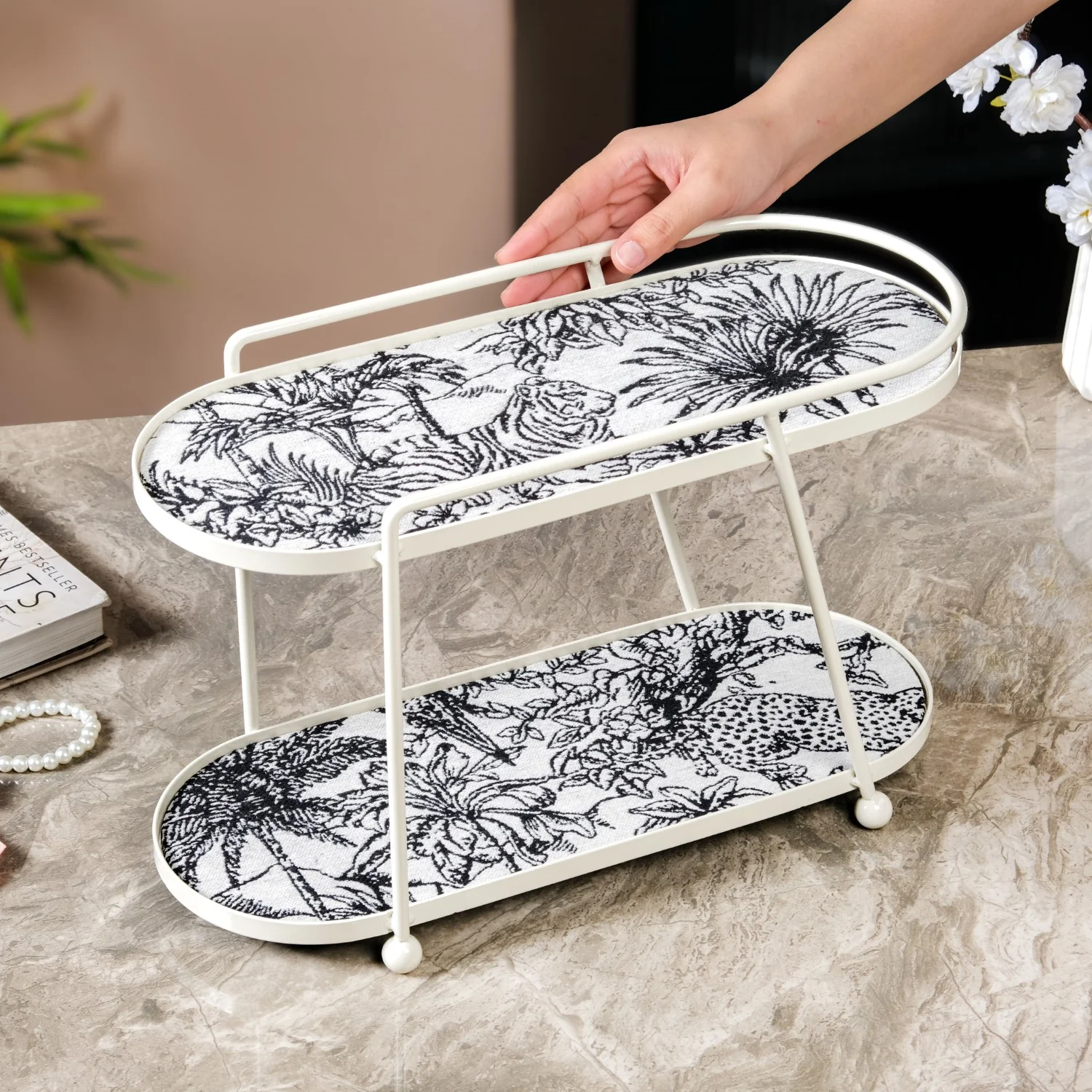 Toile De Jouy Vanity Storage Display 2 Storey Tray White - Image 3