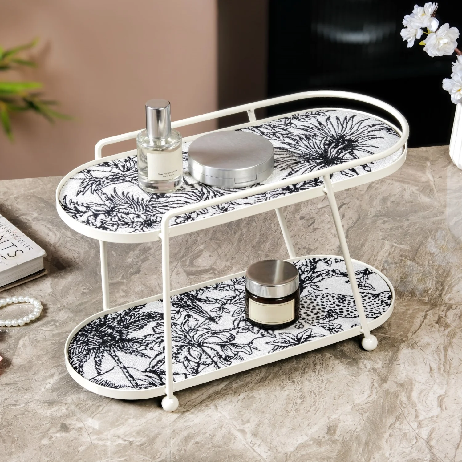 Toile De Jouy Vanity Storage Display 2 Storey Tray White - Image 9
