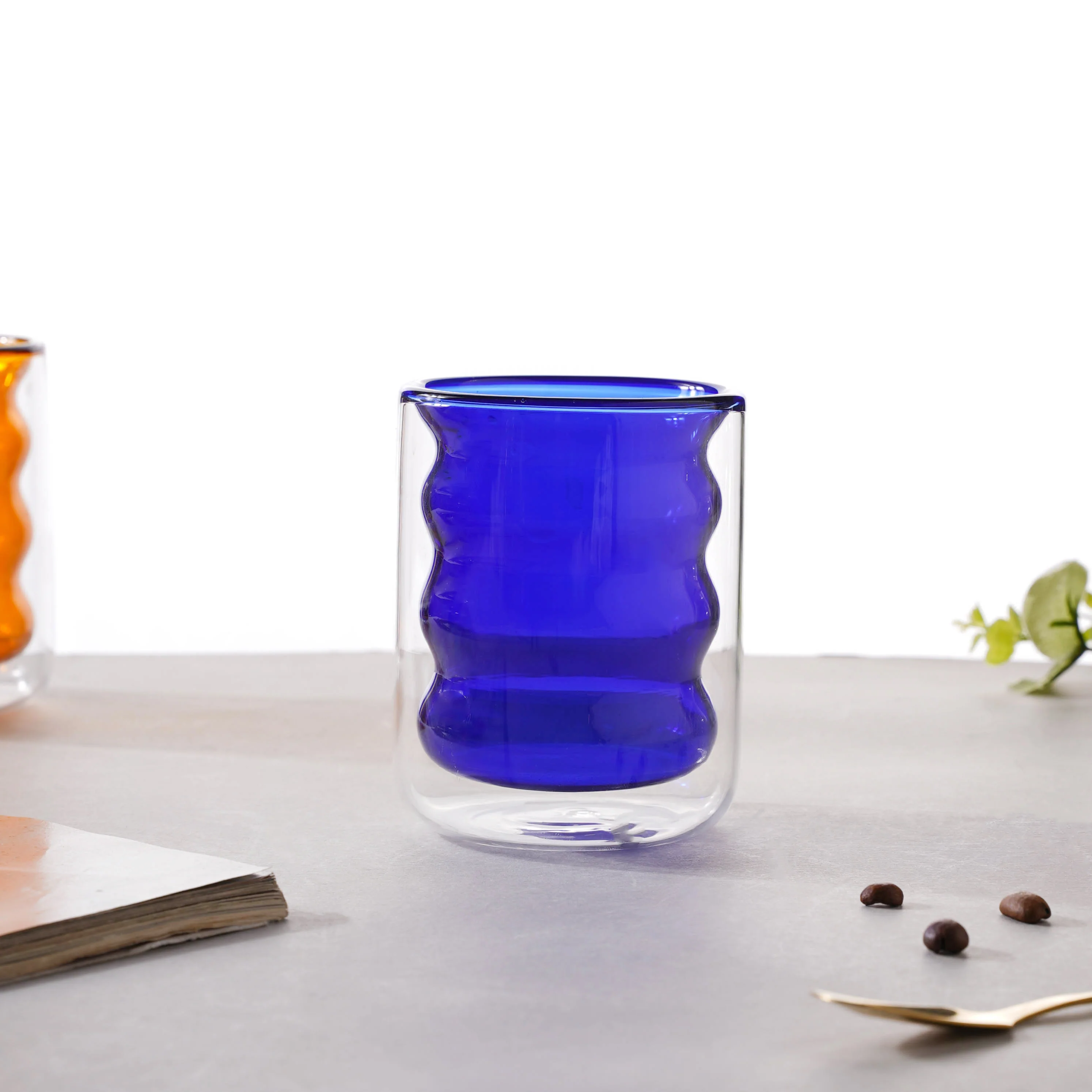 Transparent Double Walled Glass Ripple Tumbler Blue - Image 3