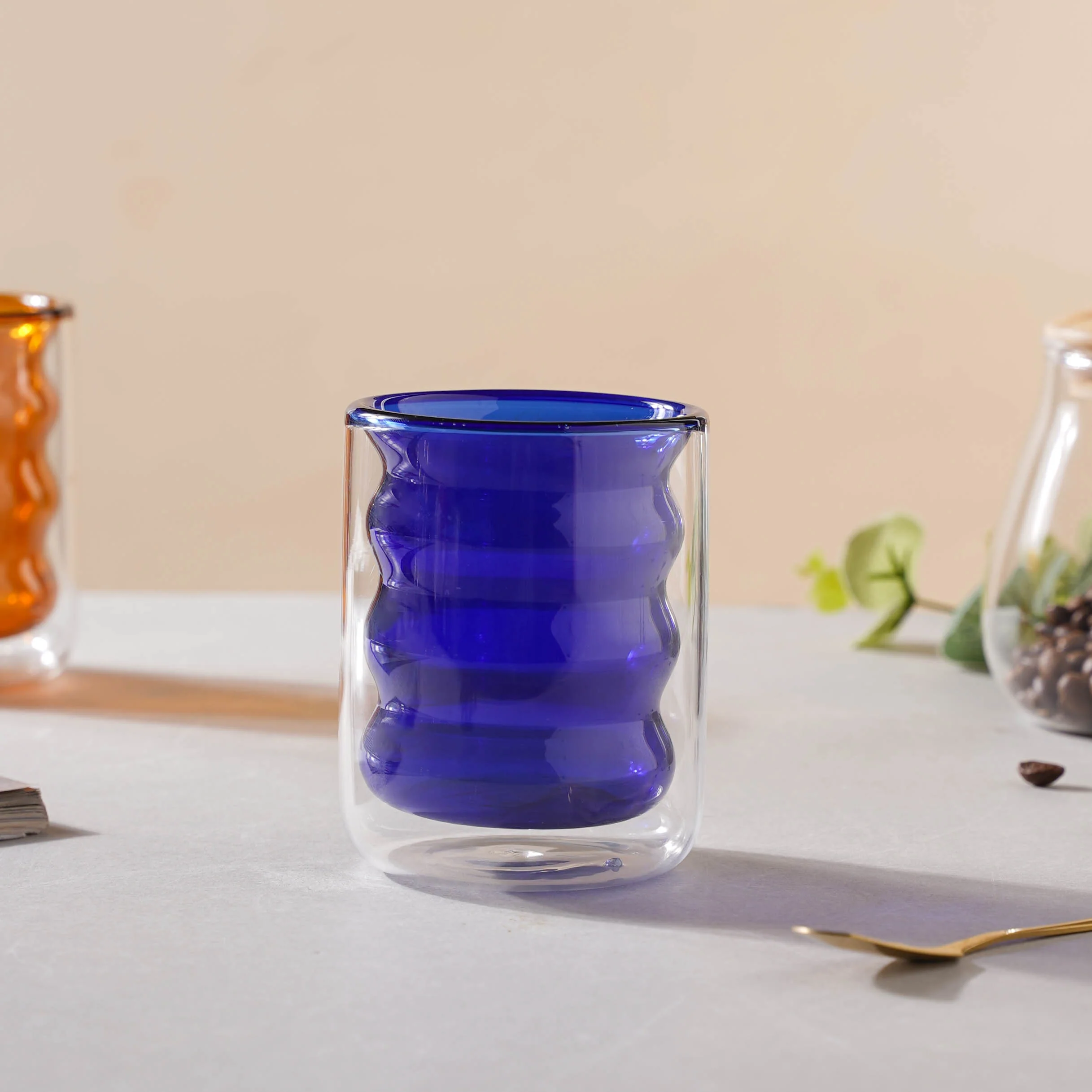 Transparent Double Walled Glass Ripple Tumbler Blue - Image 5