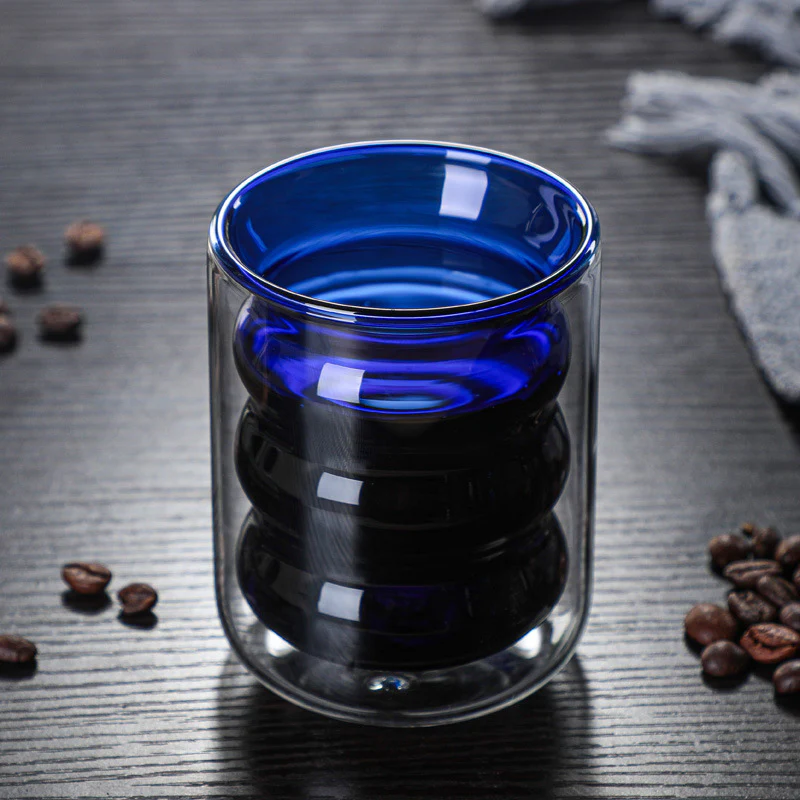 Transparent Double Walled Glass Ripple Tumbler Blue - Image 9
