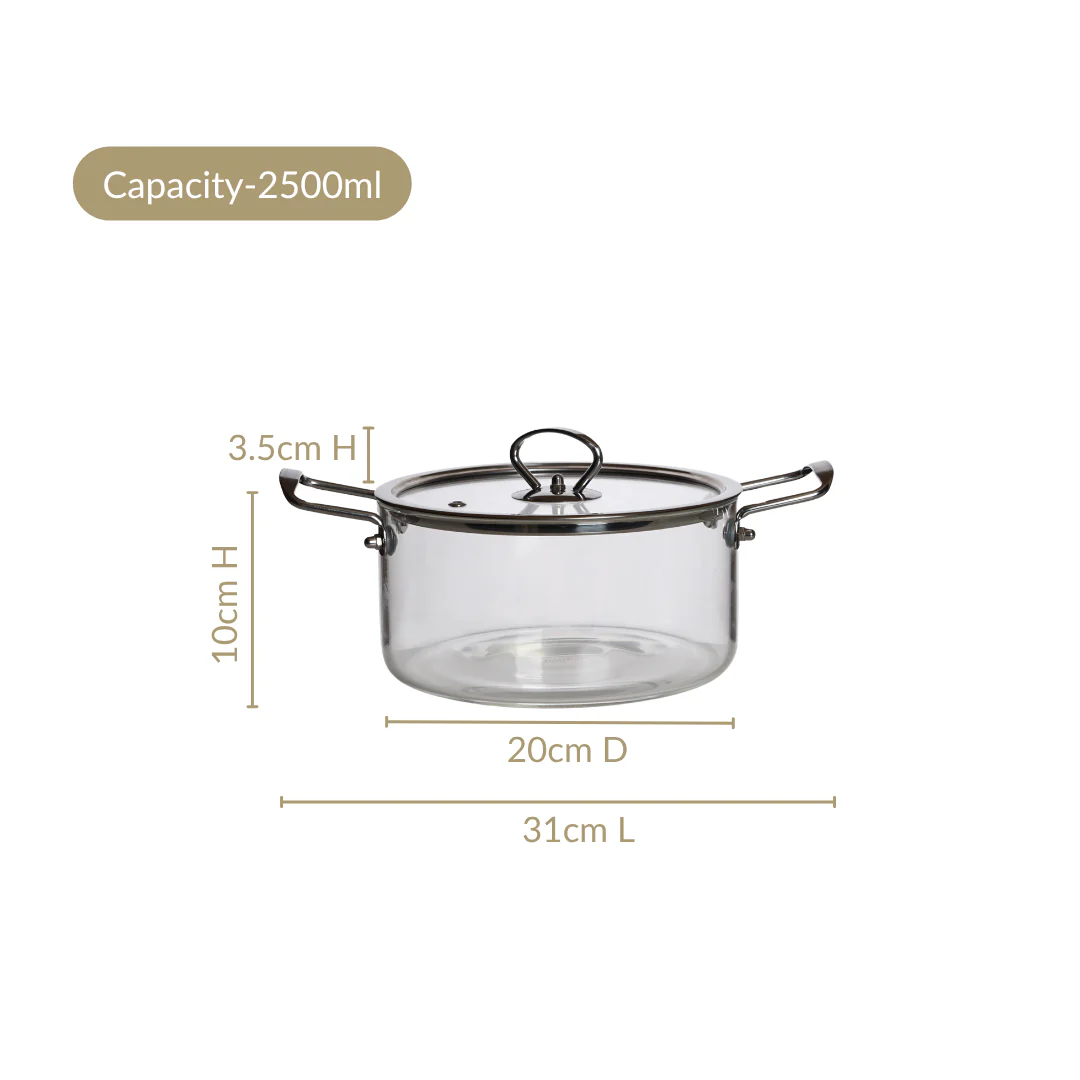Transparent Glass Cooking Pot With Stainless Steel Grip Handles 2500ml - Image 3