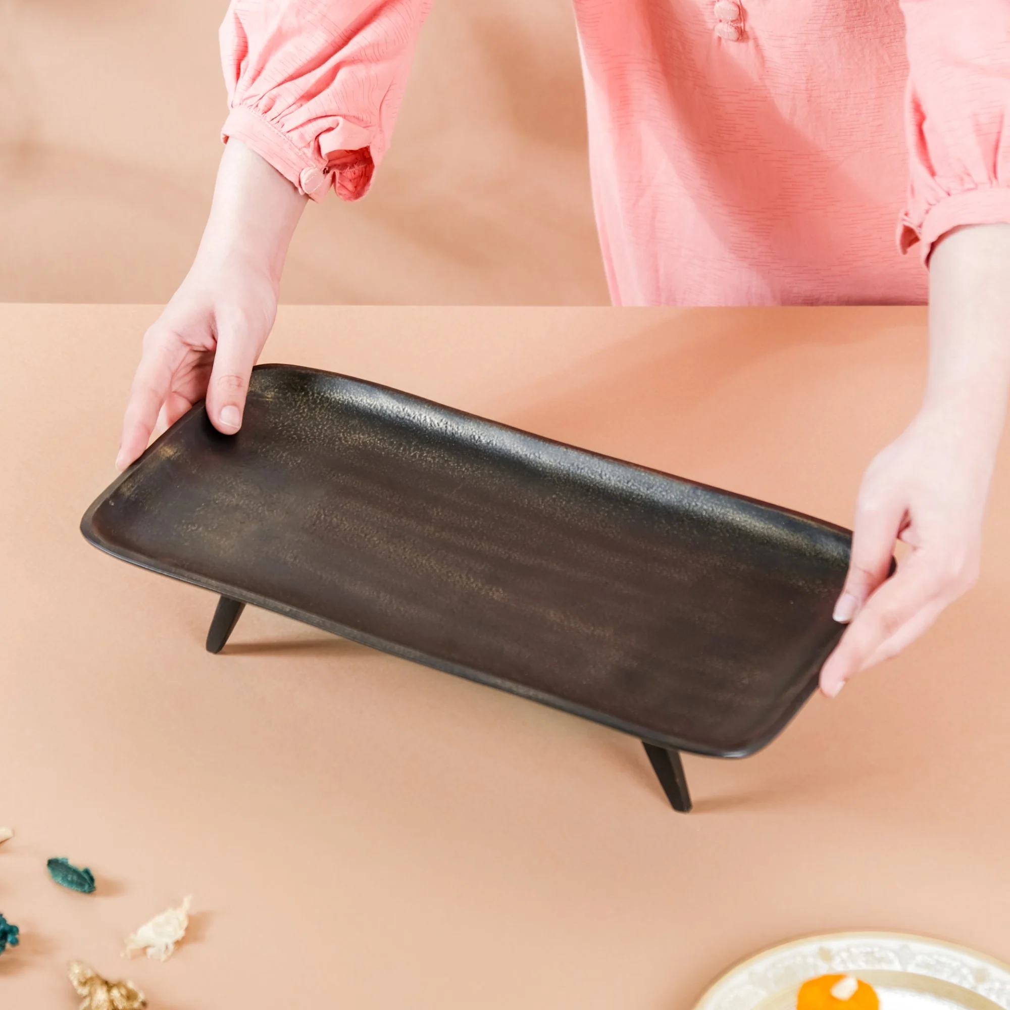 Tray With Stand Matte Black Gold 14x7 Inch - Image 2