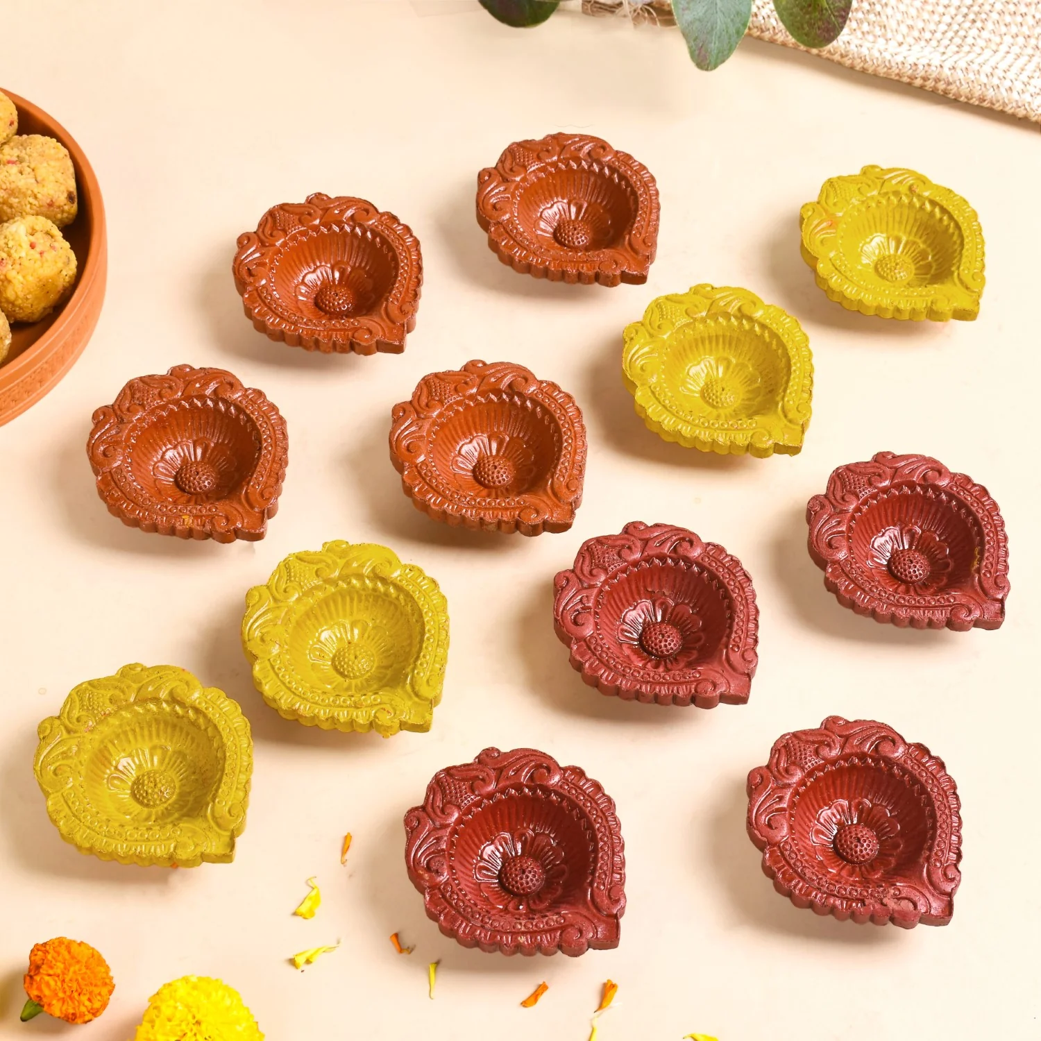 Tri Colour Natural Terracotta Diyas Set Of 48 - Image 10