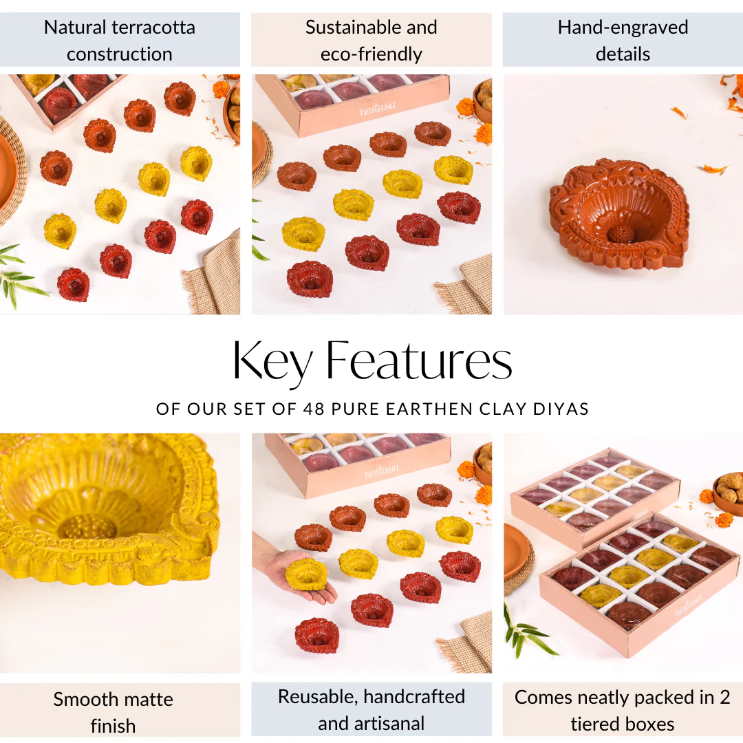 Tri Colour Natural Terracotta Diyas Set Of 48 - Image 5