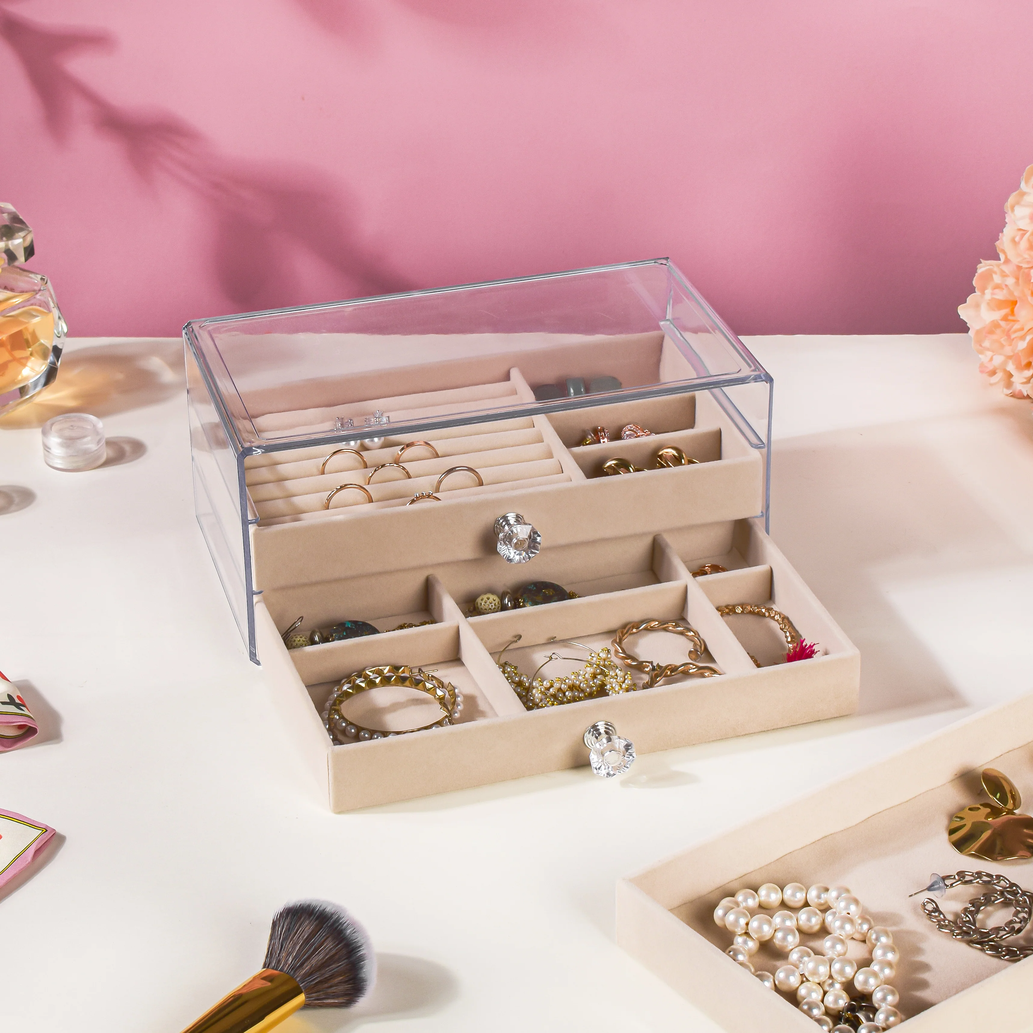 Triple Drawer Jewellery Organiser Cream - Image 9
